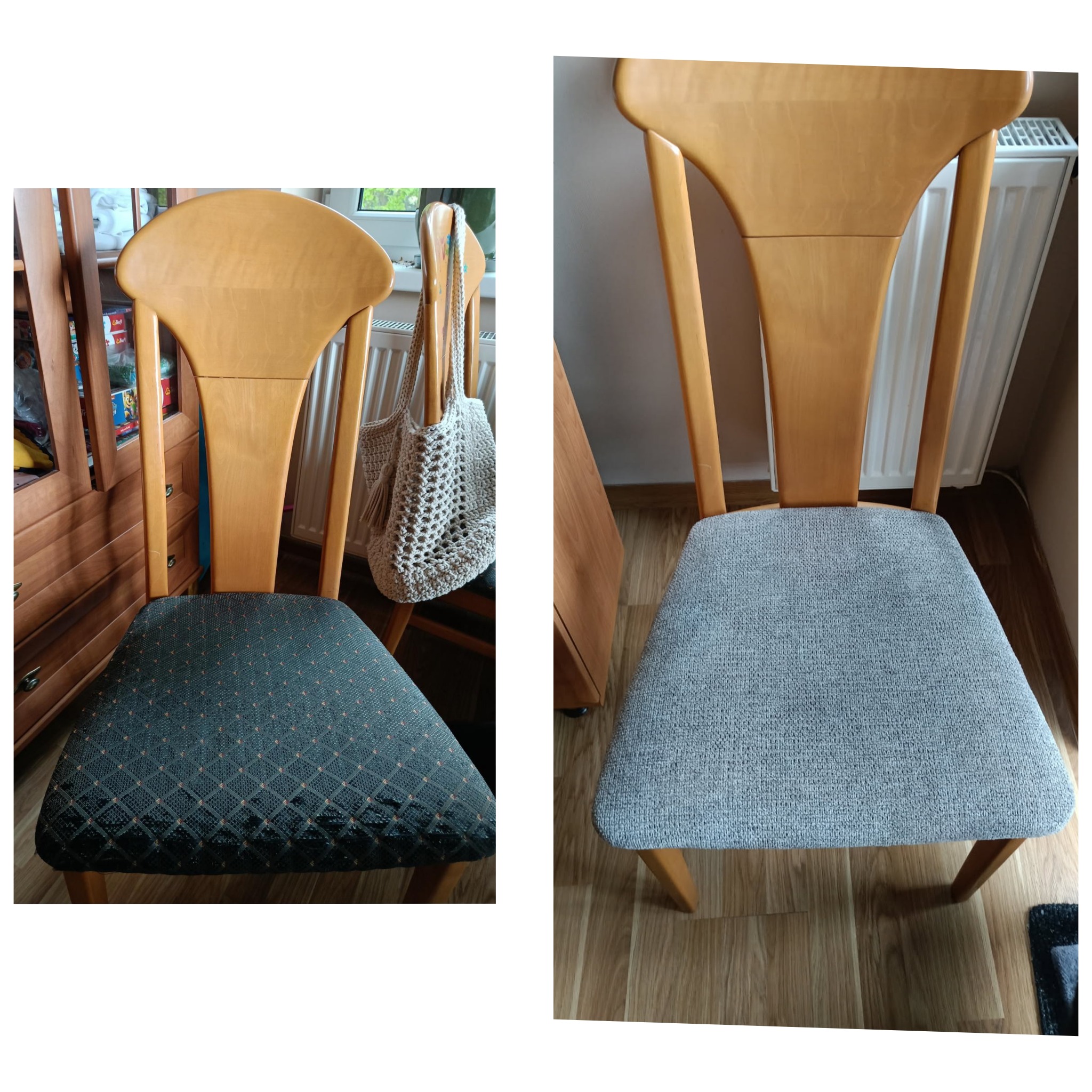 Krzesło drewniane przed i po renowacji tapicerki. Po lewej stronie krzesło z ciemną tapicerką w romby, po prawej z jasnoszarą, gładką tkaniną.