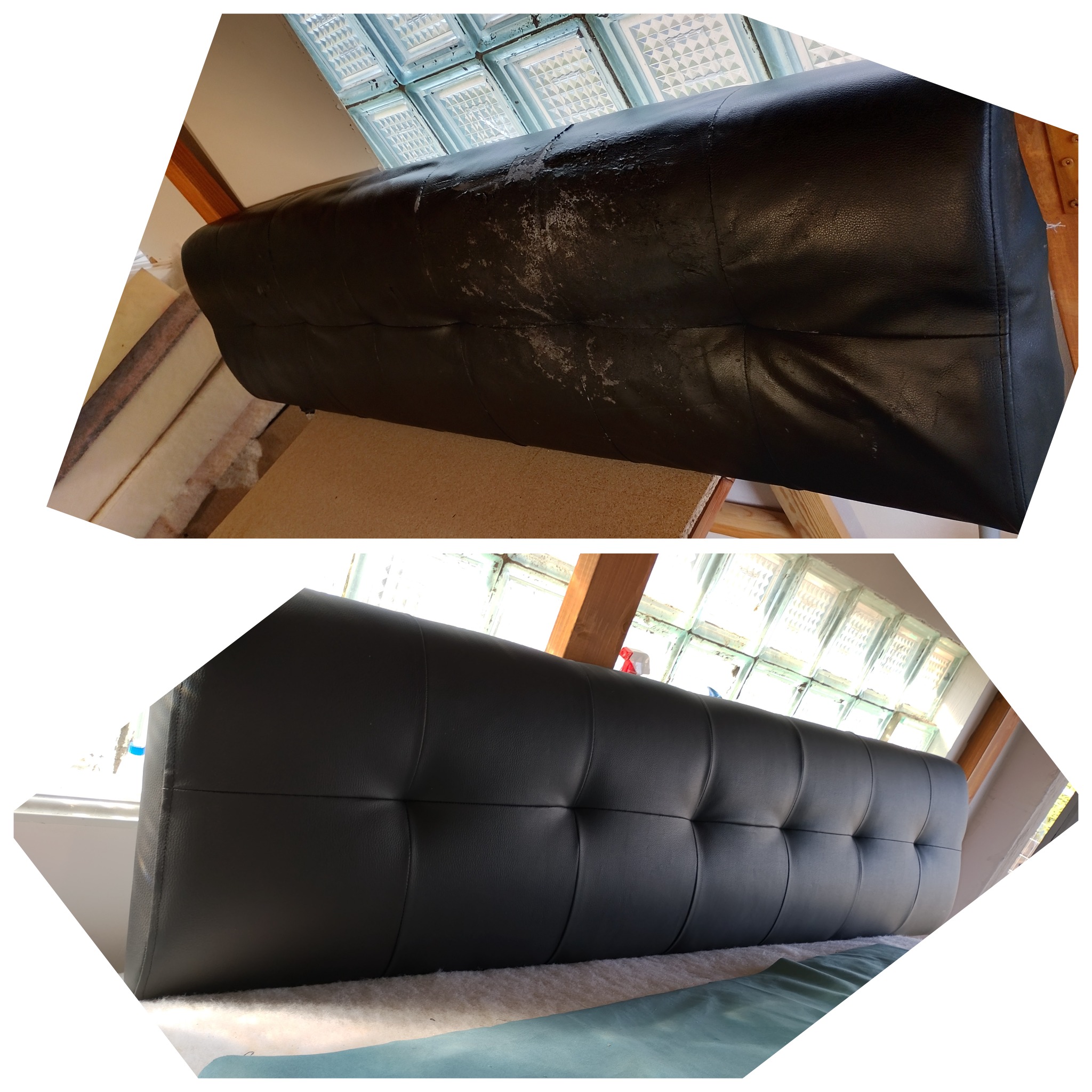 Tapicerowanie zagłówka: widok przed renowacją z uszkodzoną skórą i po odnowieniu z gładką, czarną tapicerką. Widoczne detale pikowania i okno z luksferami w tle.