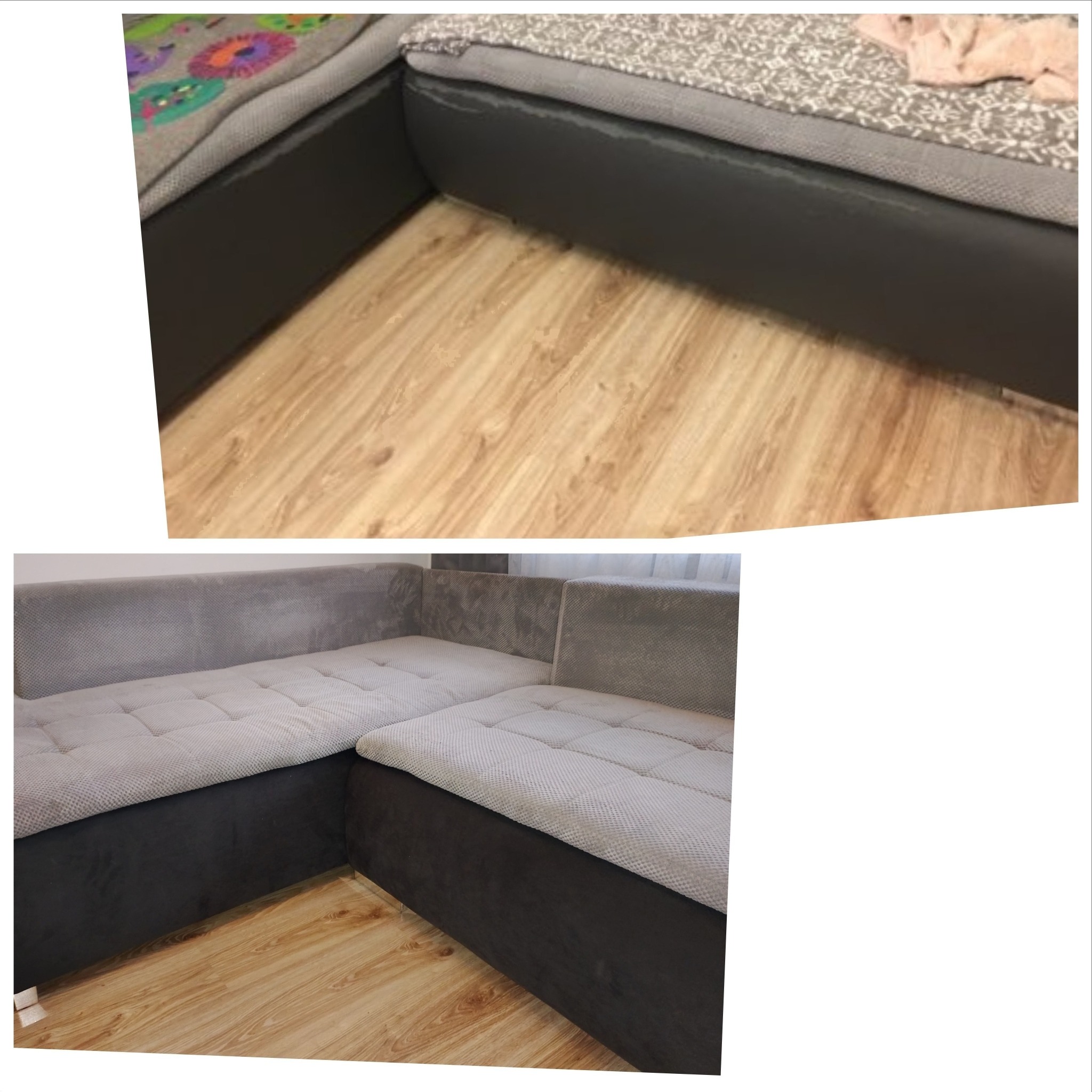 Szary narożnik z tapicerowanymi siedziskami w jasnym odcieniu, na drewnianej podłodze. Ujęcie z góry i z boku, prezentujące detale wykończenia.