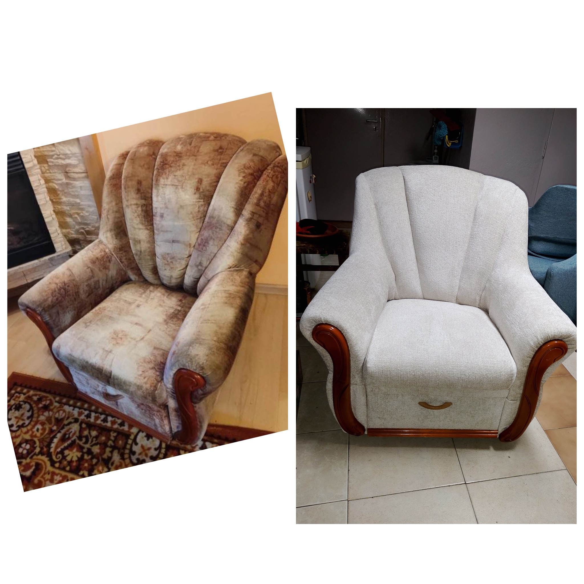 Kolaż: fotel tapicerowany przed renowacją (wzór vintage) i po renowacji (jasny beż), z drewnianymi elementami. Widoczne różnice w kolorze i stanie tapicerki.
