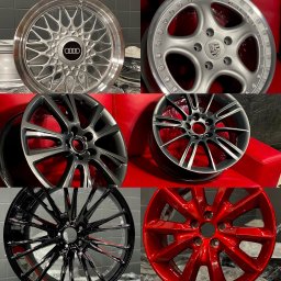 MDA DAMIAN MALISZEWSKI - Różne wzory i kolory felg aluminiowych po renowacji: srebrna Audi, szara Porsche, grafitowa, czarna i czerwona. Odświeżony wygląd felg na czerwonym tle.
