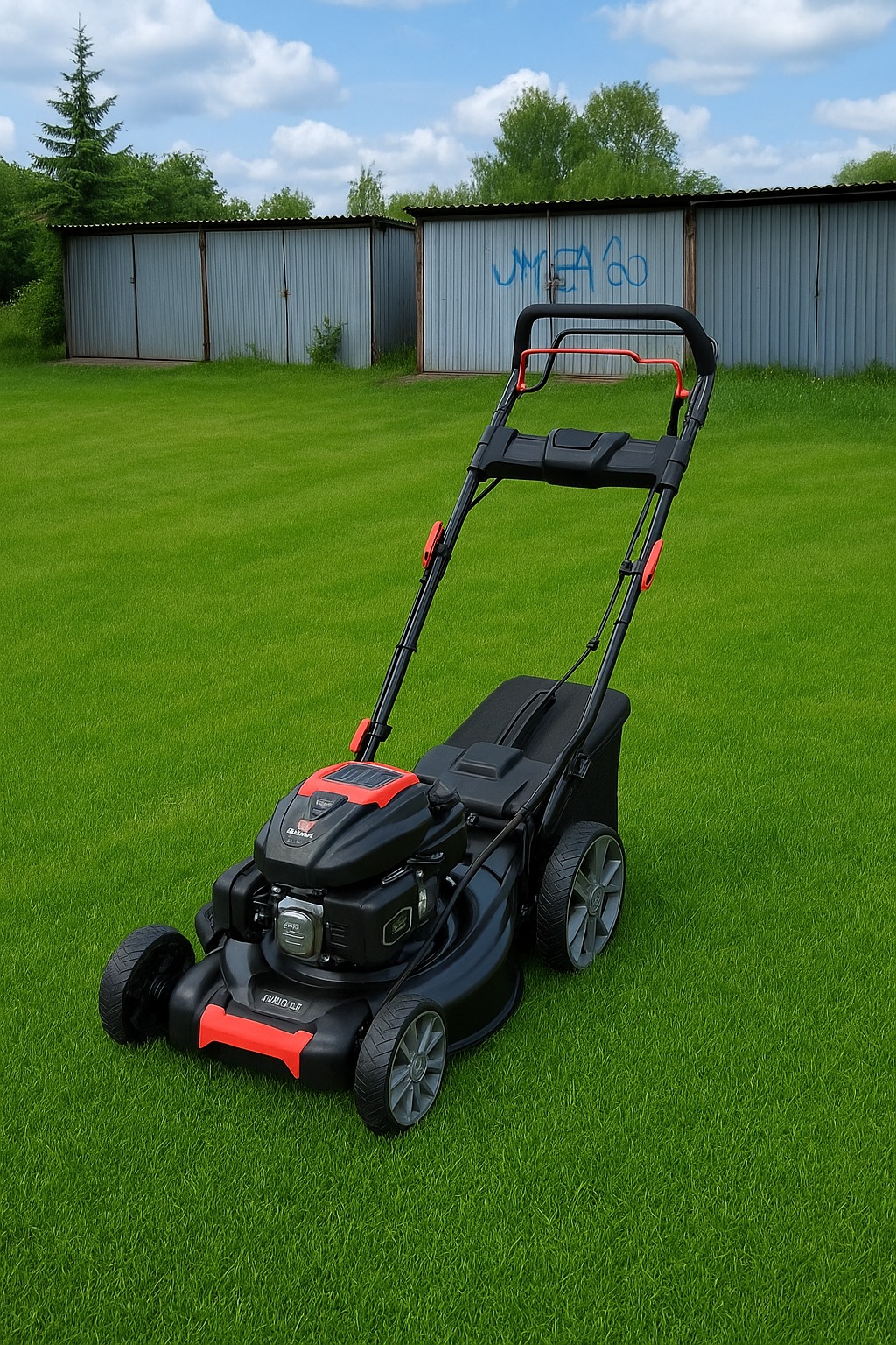 Czarno-czerwona kosiarka spalinowa na idealnie przystrzyżonym, zielonym trawniku przed blaszanymi garażami z graffiti w tle, w słoneczny dzień.