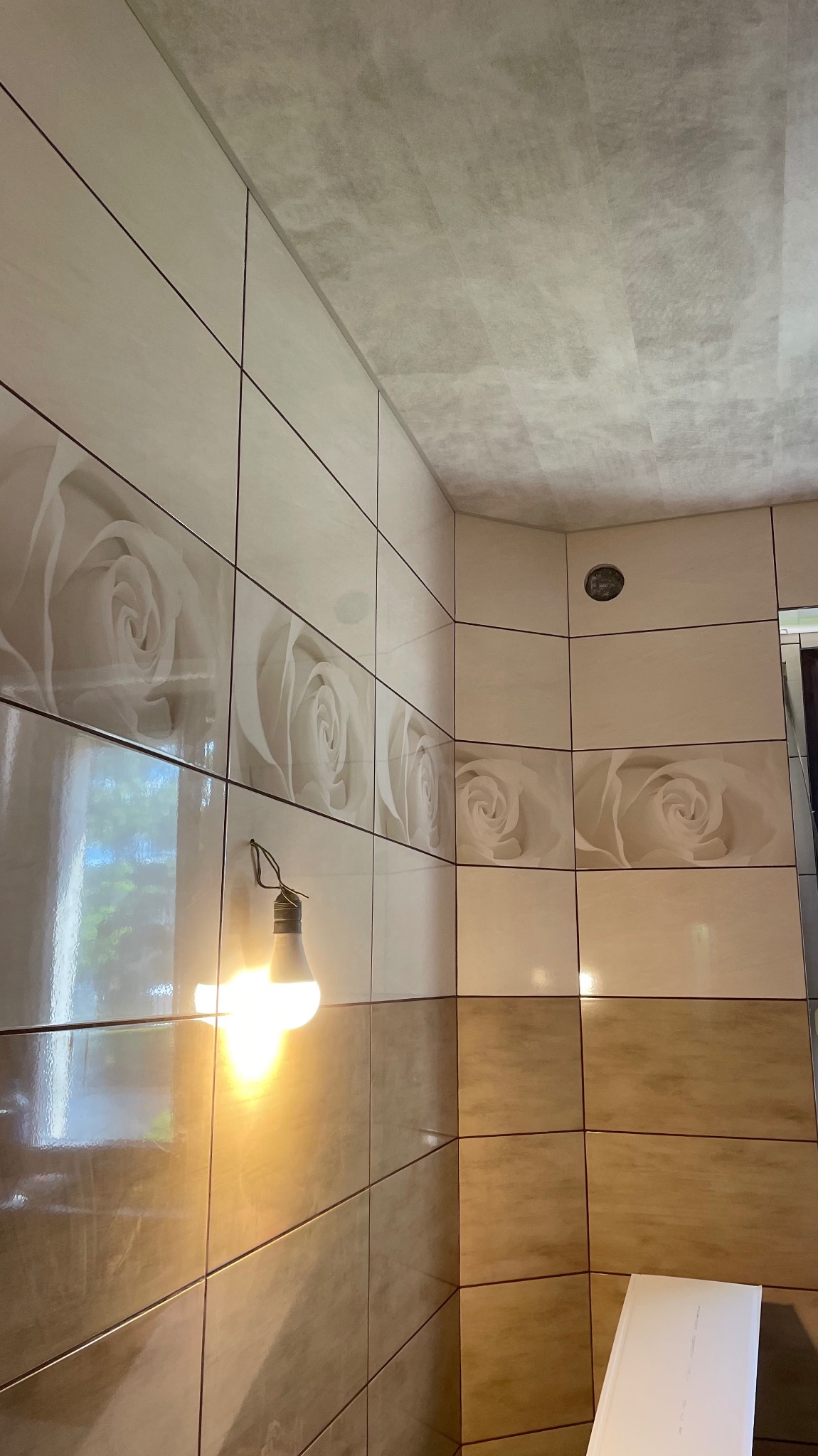 Wykończona łazienka z beżowymi płytkami z motywem róży, oświetlona wiszącą żarówką. Widoczny fragment sufitu i narożnik pomieszczenia.