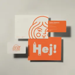 Zestaw papeterii w odcieniach bieli i pomarańczy: wizytówka, koperta i kartka z napisem 'Hej!', z minimalistycznym portretem kobiety w stylu graficznym.