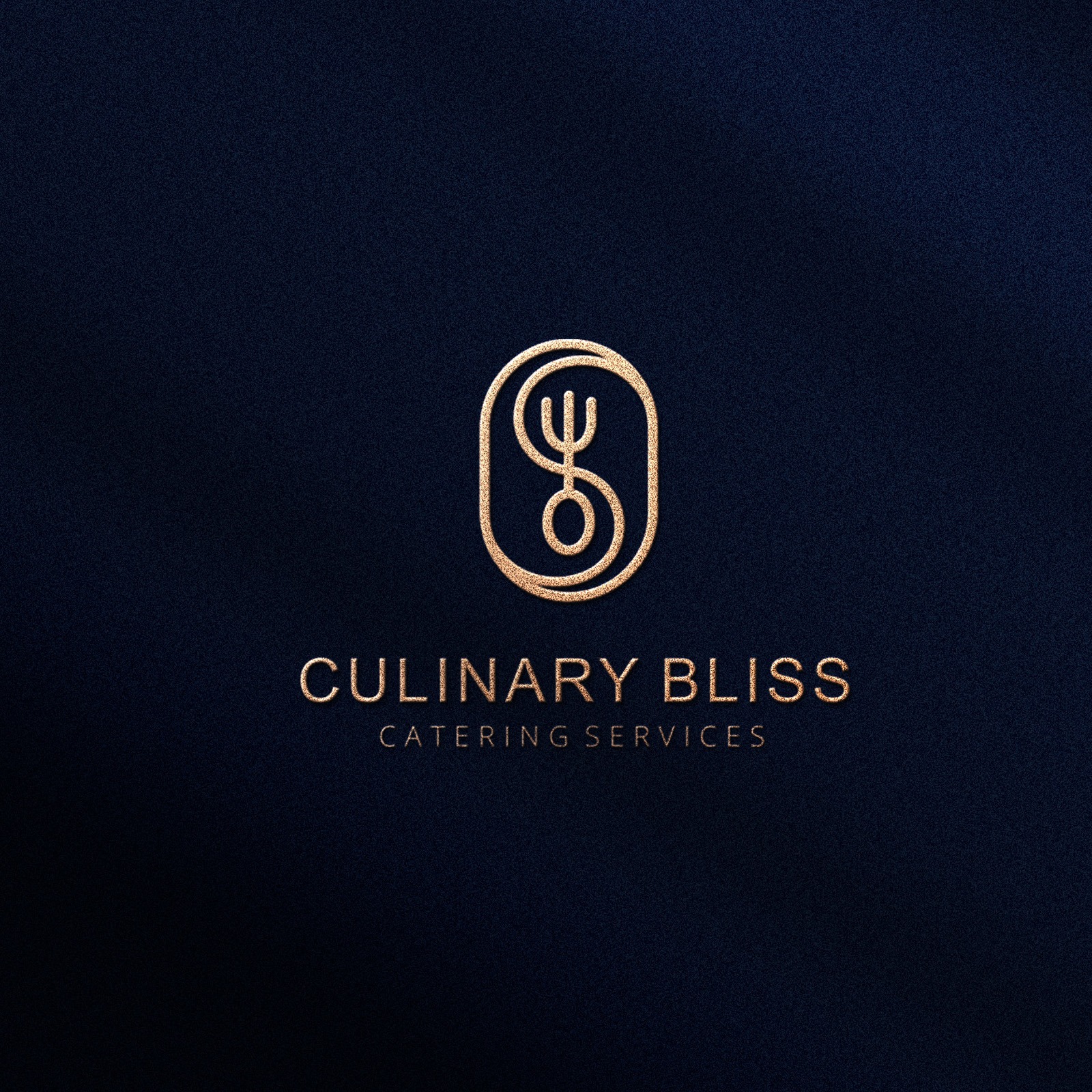 Złoty, minimalistyczny logotyp w kształcie sztućców w owalu, nazwa firmy cateringowej 'Culinary Bliss' na ciemnym, teksturowanym tle. Elegancki branding.
