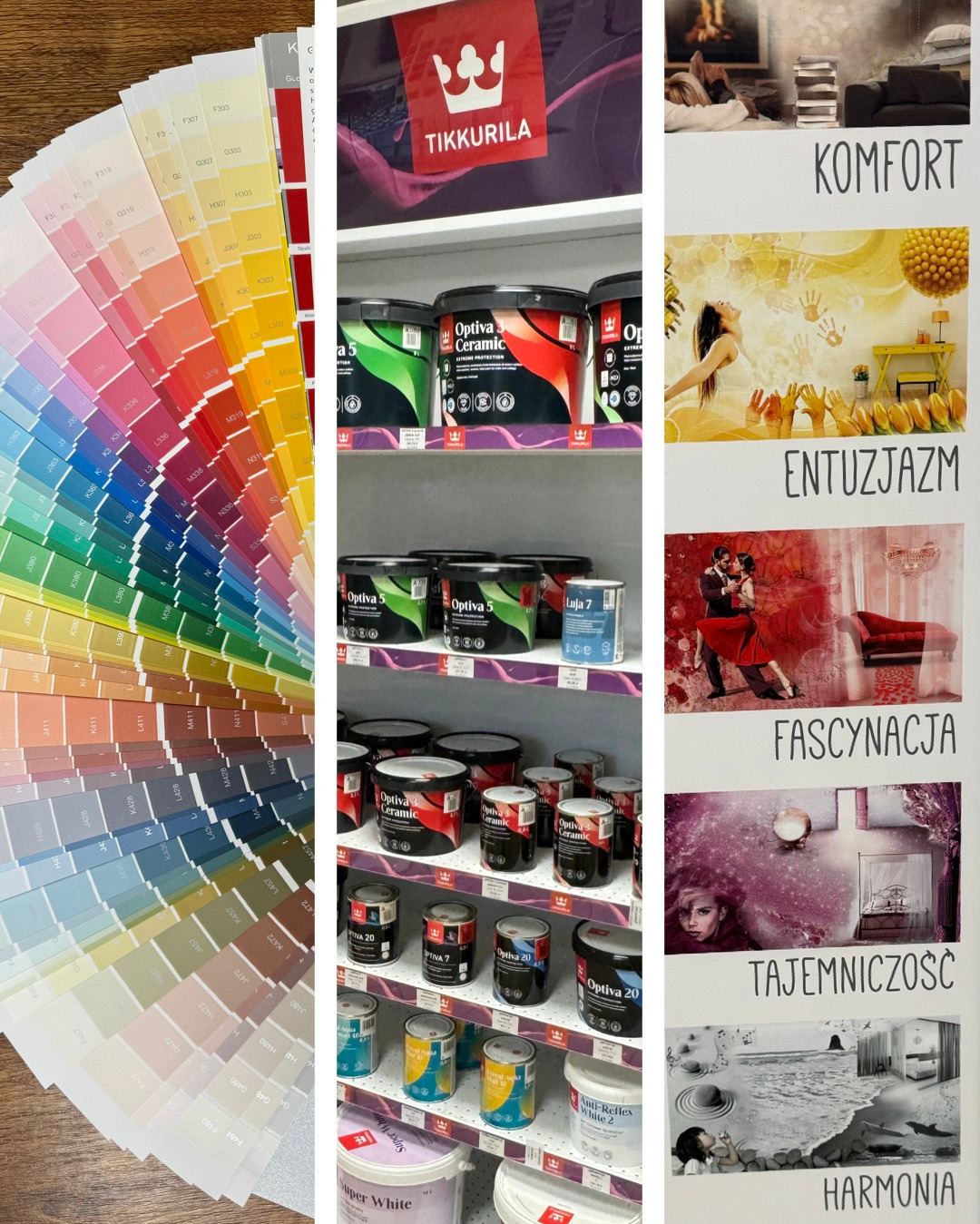 Paleta barw Tikkurila obok regału z farbami Optiva Ceramic i Luja. Plansze z inspiracjami: komfort, entuzjazm, fascynacja, tajemniczość, harmonia.