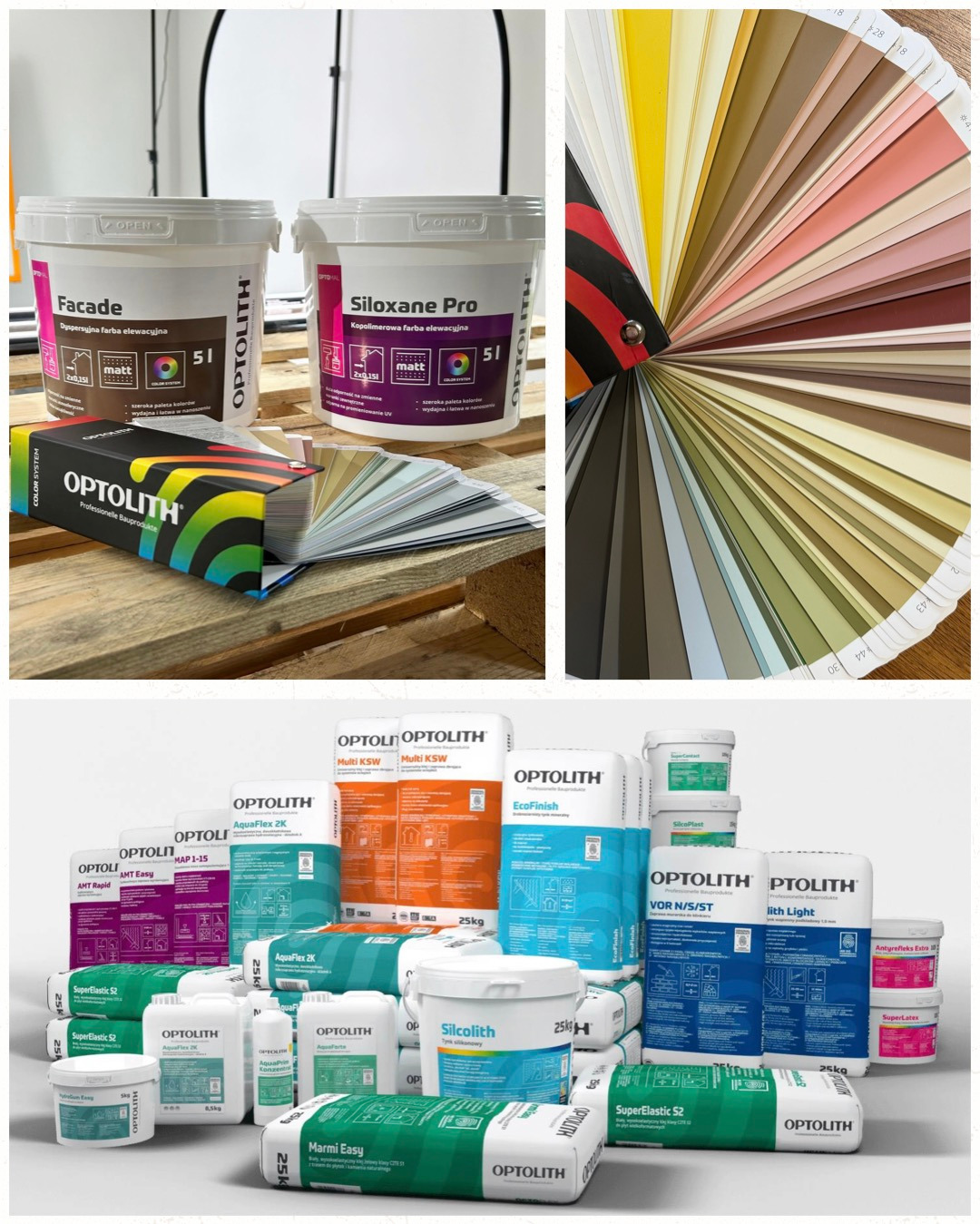 Paleta kolorów farb elewacyjnych Optolith, puszki z farbami Facade i Siloxane Pro, opakowania z zaprawami i klejami. Produkty do wykończenia elewacji budynków.
