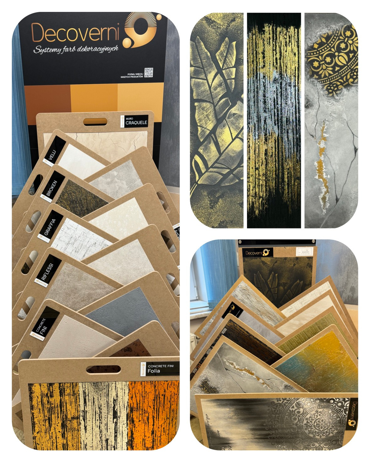 Paleta wzorników farb dekoracyjnych DECOVERNI prezentująca różnorodne tekstury i kolory, od imitacji betonu po metaliczne efekty i motywy roślinne.