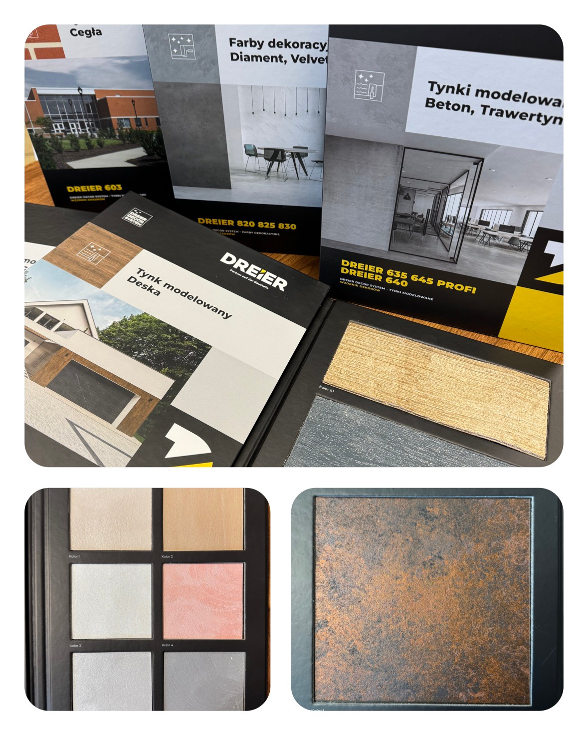 Katalogi z próbkami tynków dekoracyjnych i farb Dreier, prezentujące różne faktury i kolory, od cegły po beton i deski. Widoczne palety kolorów i wzorniki.
