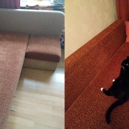 Odpieramy Brzydkie Plamy - Dzielone ujęcie: narożnik z beżowym tyłem i brązowym siedziskiem, oraz sofa z brązową tapicerką, czerwoną poduszką i czarnym kotem z białymi łapkami.