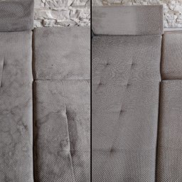 Odpieramy Brzydkie Plamy - Zdjęcie 'przed i po' prania narożnika z szarej tkaniny na tle ściany z białej cegły. Widoczne różnice w czystości tapicerki po zabiegu czyszczenia.