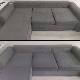 Odpieramy Brzydkie Plamy - Szara kanapa narożna przed i po czyszczeniu. Widoczne różnice w odcieniu i plamy przed zabiegiem. Jasne panele podłogowe w tle. Efekt odświeżenia tapicerki.