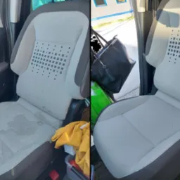 Fotel samochodowy przed i po czyszczeniu tapicerki w Lublinie. Widoczne plamy przed i odświeżona, czysta powierzchnia po zabiegu.