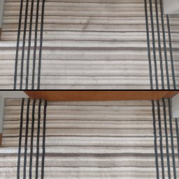 Odpieramy Brzydkie Plamy - Zdjęcie dywanu w paski 'przed' i 'po' czyszczeniu. Górna część z plamą, dolna - czysta. Widoczne fragmenty mebli i podłogi.