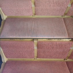 Odpieramy Brzydkie Plamy - Tapicerka kanapy w odcieniach różu przed i po czyszczeniu. Widoczna różnica w kolorze i usunięte zabrudzenia na środkowym siedzisku.