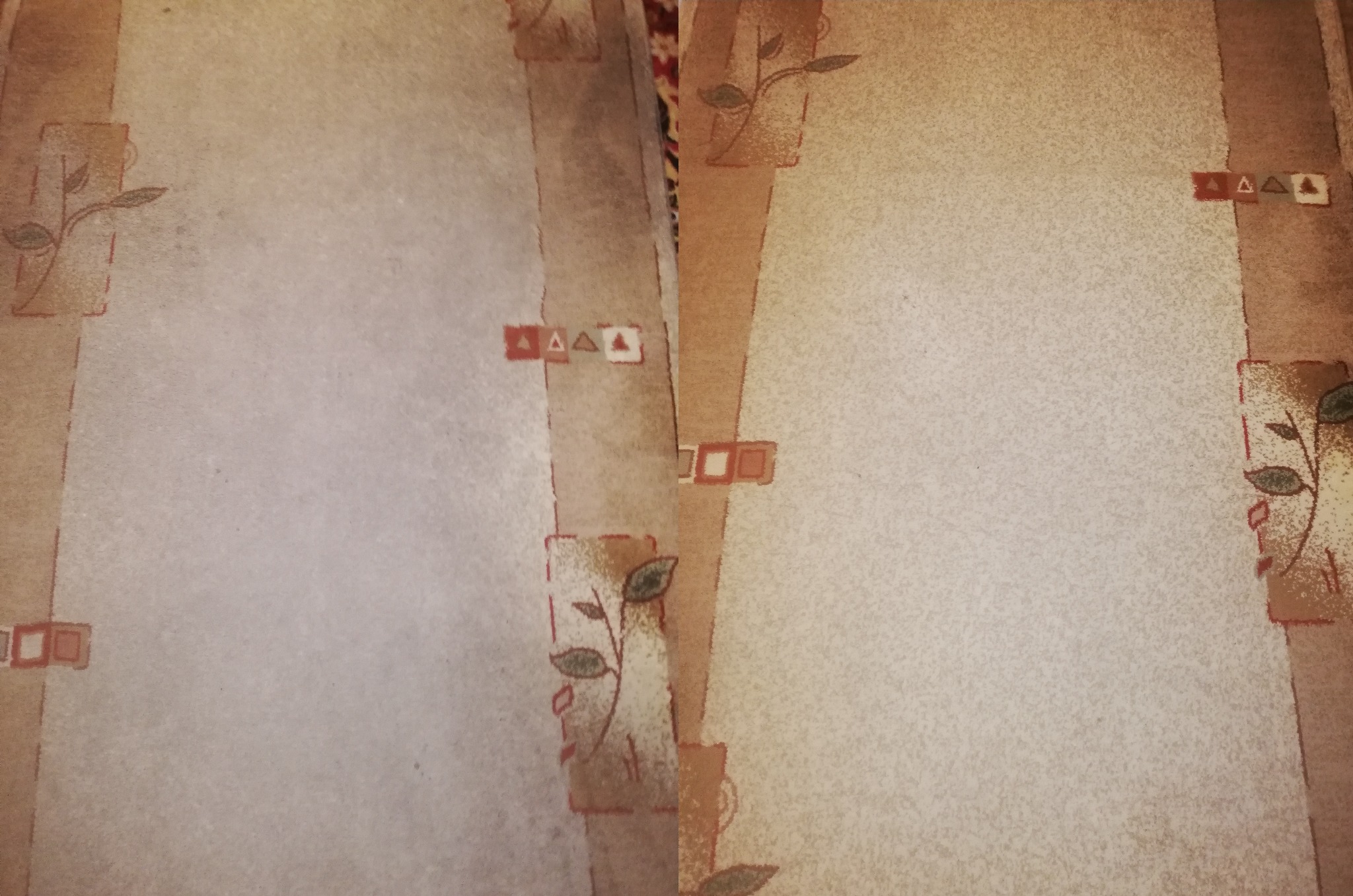 Fragment dywanu w odcieniach beżu i brązu z wzorem geometrycznym i motywem roślinnym, ukazujący detale włókien i strukturę materiału.