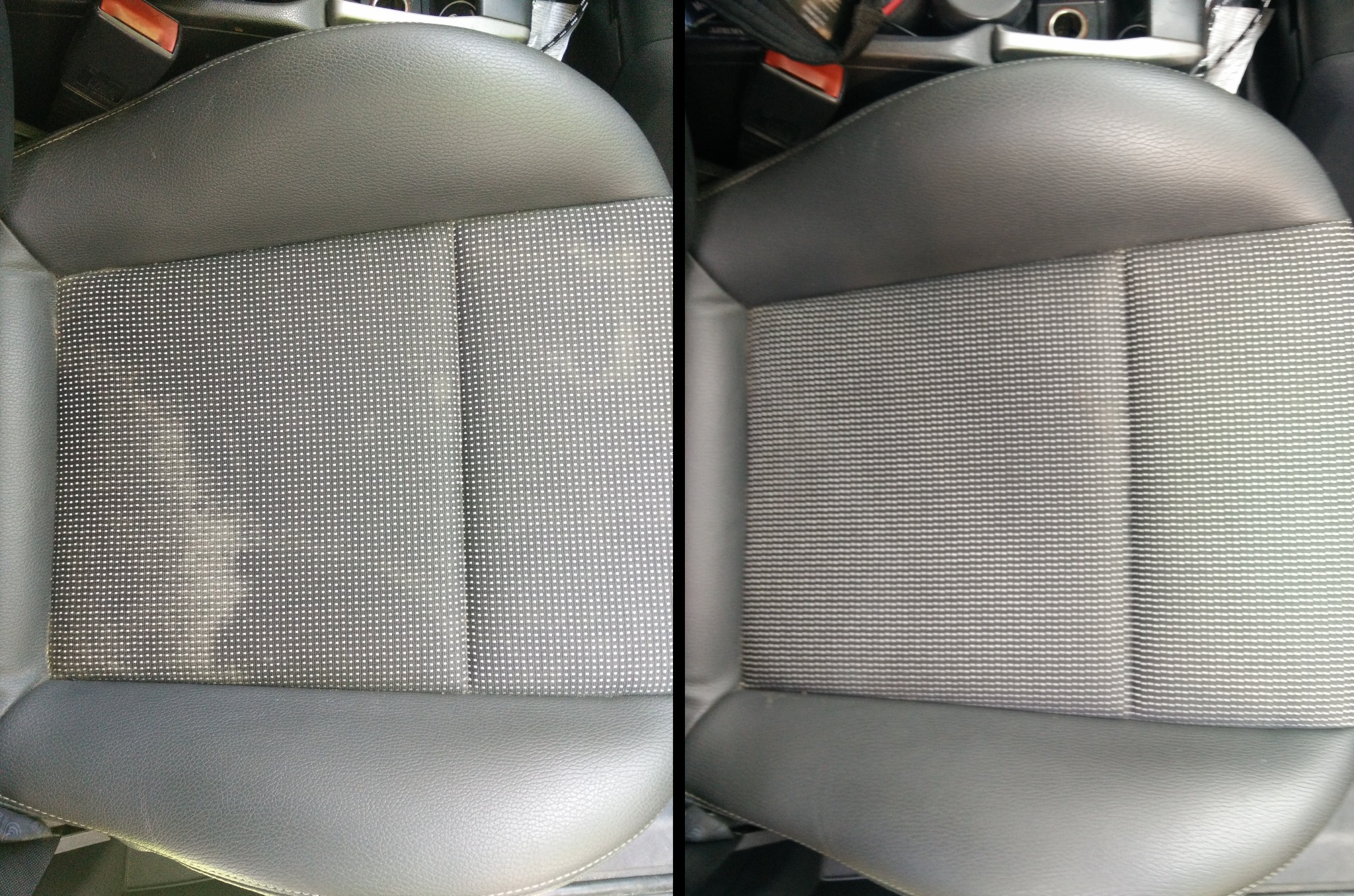 Fotel samochodowy przed i po praniu tapicerki, widoczna różnica w czystości materiału. Jasny, wyprany fragment kontrastuje z zabrudzonym.