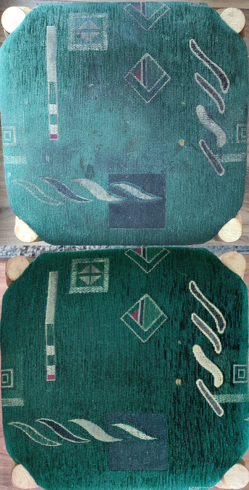 Krzesło z zieloną tapicerką w geometryczne wzory, widoczne różnice w czystości tkaniny przed i po zabiegu czyszczenia, ukazujące skuteczność usługi.