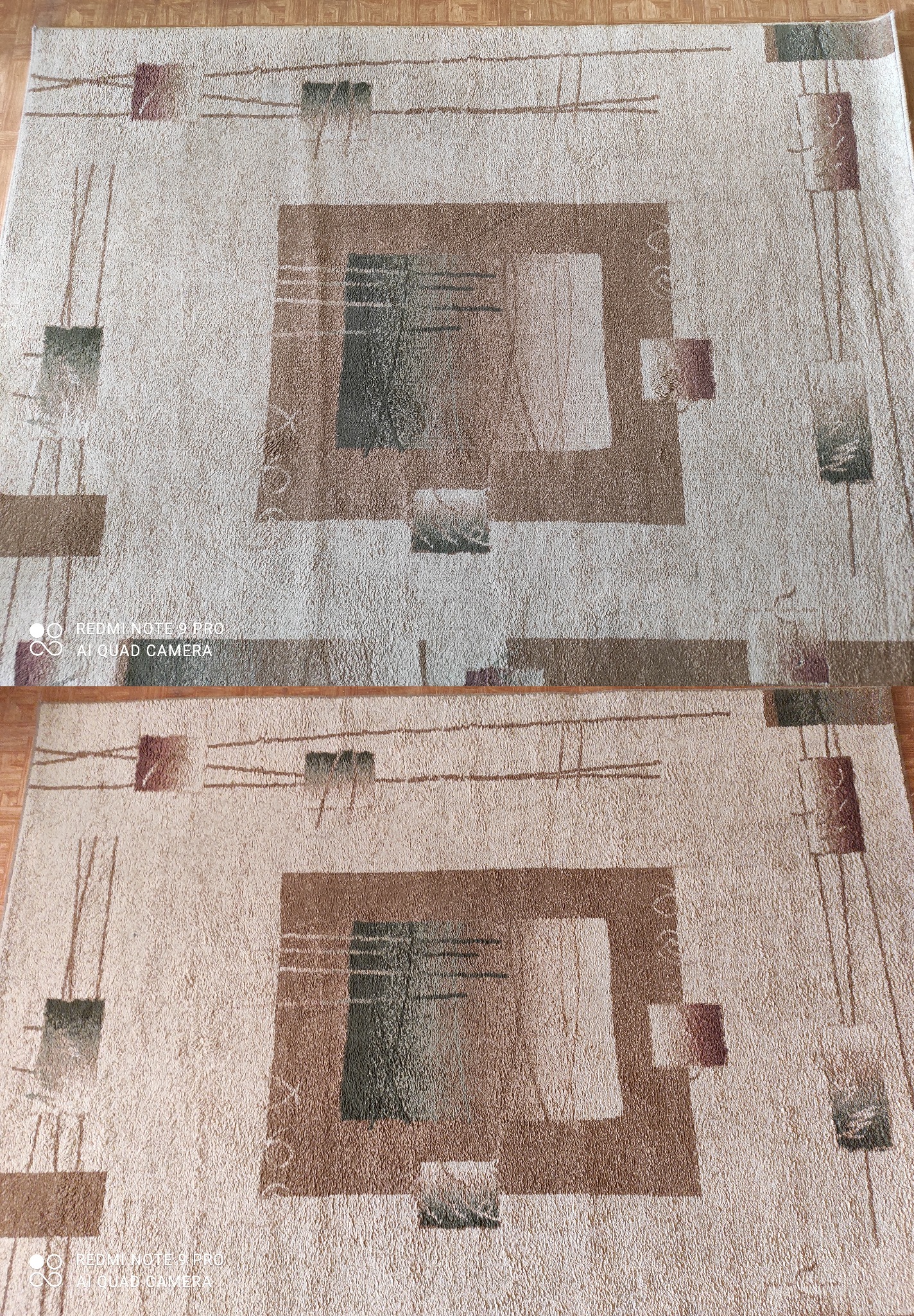 Dywan z geometrycznym wzorem, podzielony na dwie części: górna - po czyszczeniu, dolna - przed czyszczeniem, ukazująca różnicę w kolorze i czystości włókien.