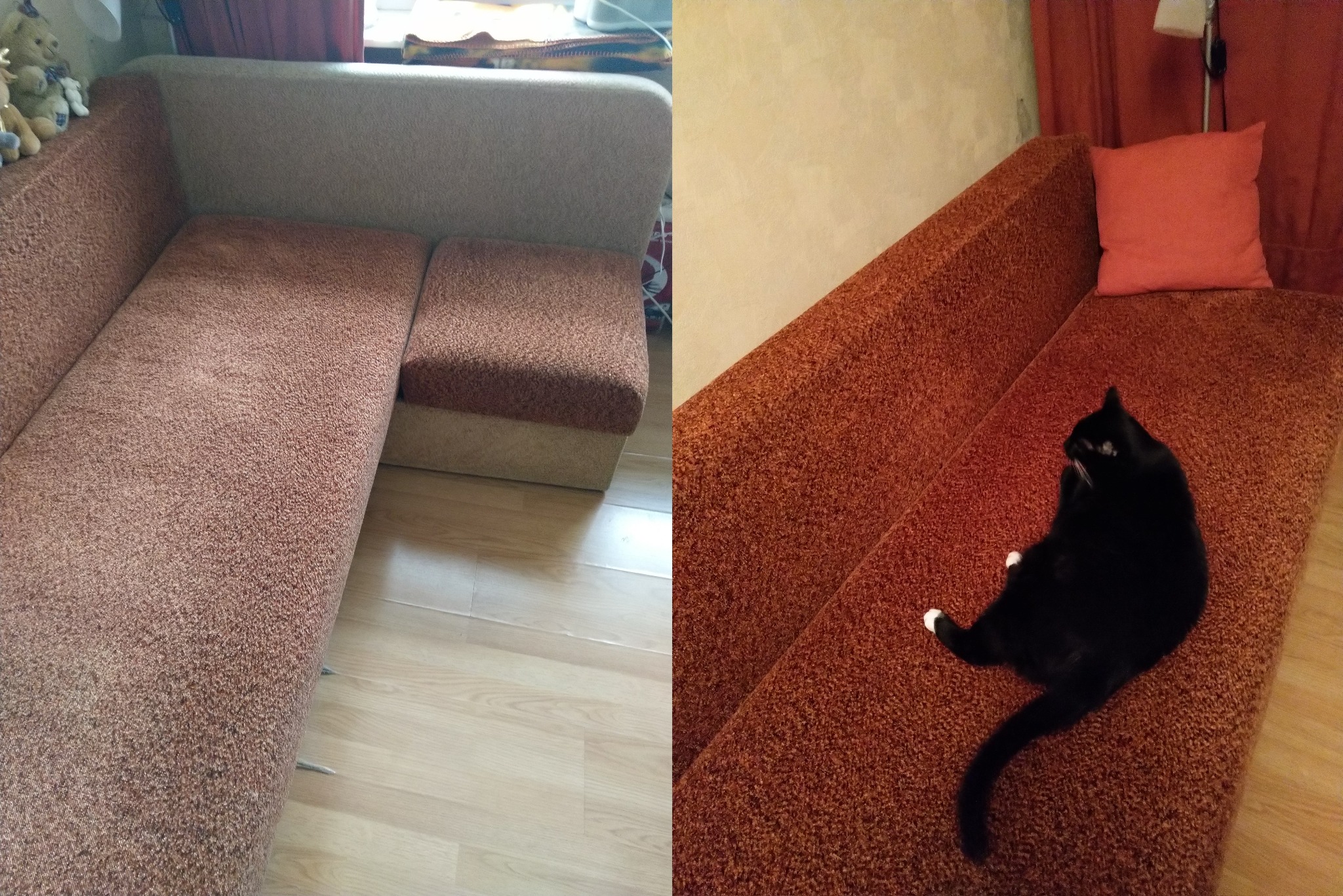 Dzielone ujęcie: narożnik z beżowym tyłem i brązowym siedziskiem, oraz sofa z brązową tapicerką, czerwoną poduszką i czarnym kotem z białymi łapkami.