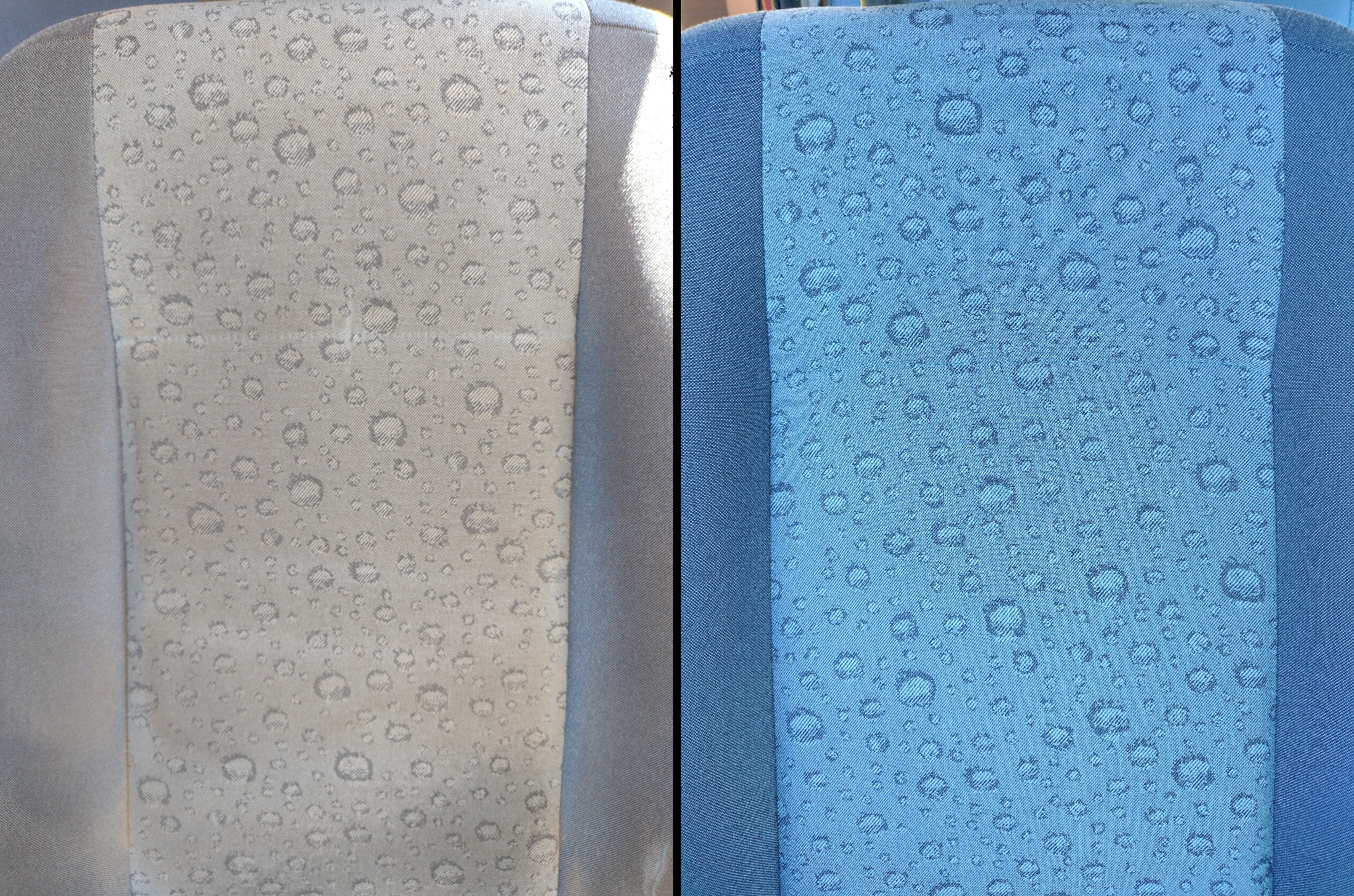 Zdjęcie typu 'przed i po' przedstawia zbliżenie tapicerki samochodowej z wzorem kropli, po lewej stronie brudna, a po prawej wyczyszczona i odświeżona.