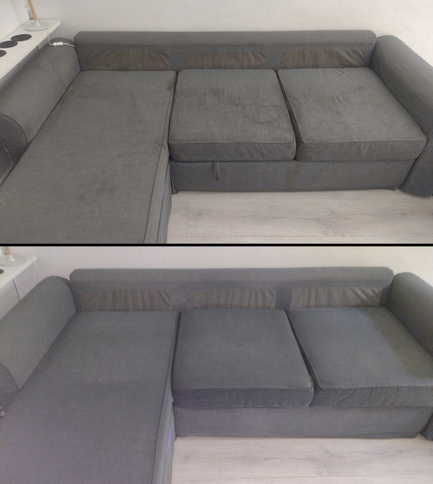 Szara kanapa narożna przed i po czyszczeniu. Widoczne różnice w odcieniu i plamy przed zabiegiem. Jasne panele podłogowe w tle. Efekt odświeżenia tapicerki.