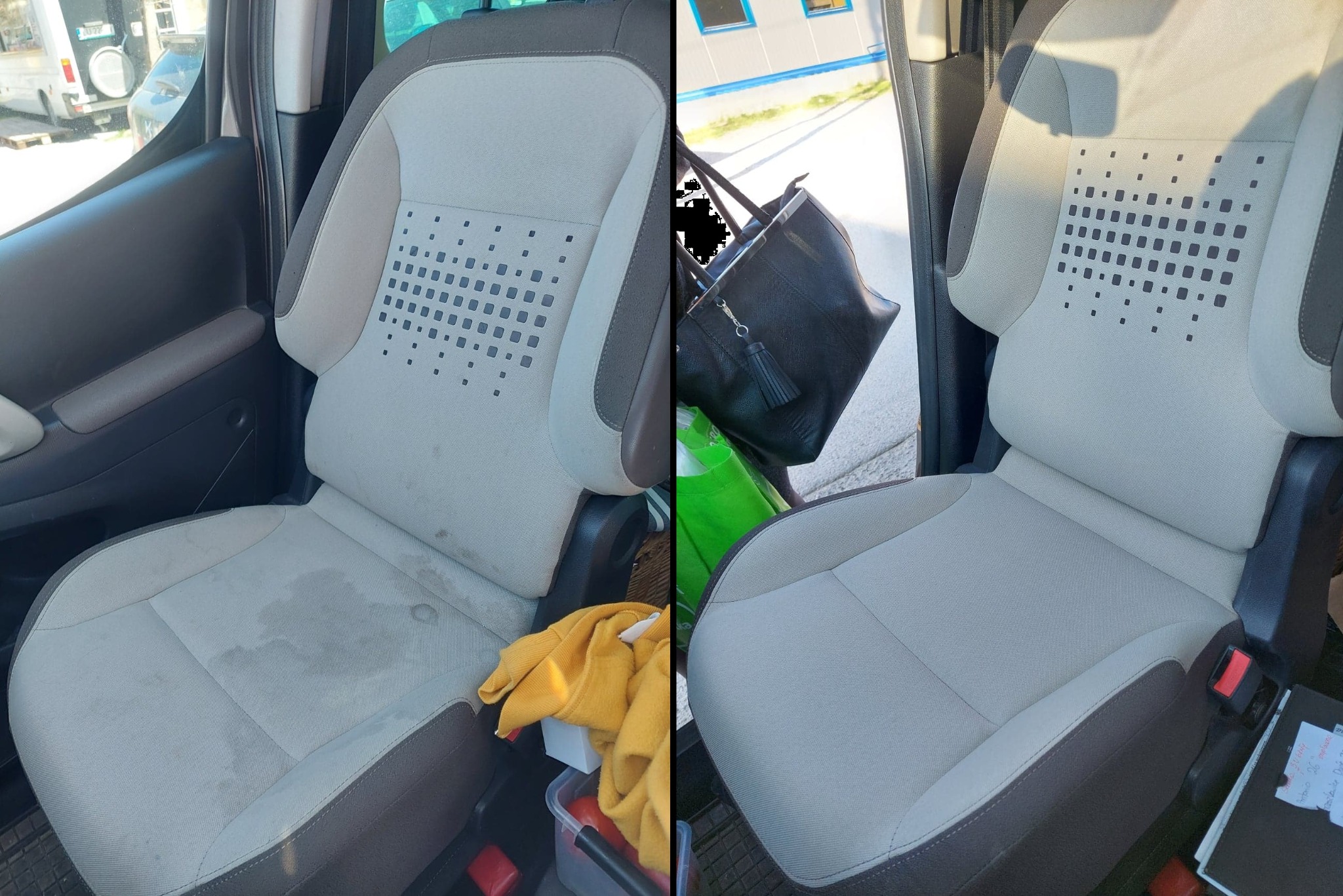 Fotel samochodowy przed i po czyszczeniu tapicerki w Lublinie. Widoczne plamy przed i odświeżona, czysta powierzchnia po zabiegu.