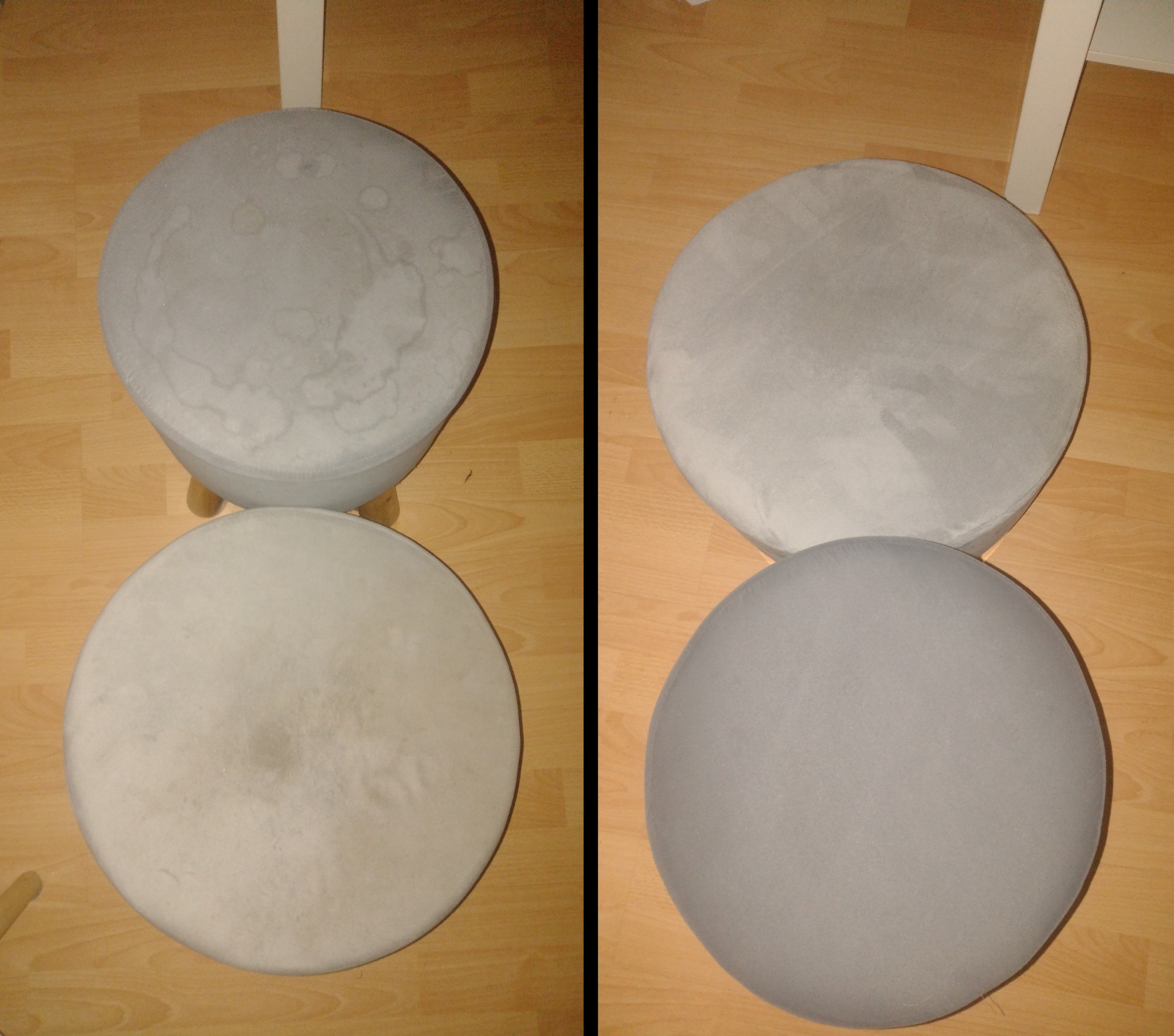Dwa pufy tapicerowane: po lewej stronie widoczne zabrudzenia, po prawej - pufy po czyszczeniu, z jednolitym, szarym kolorem tapicerki.