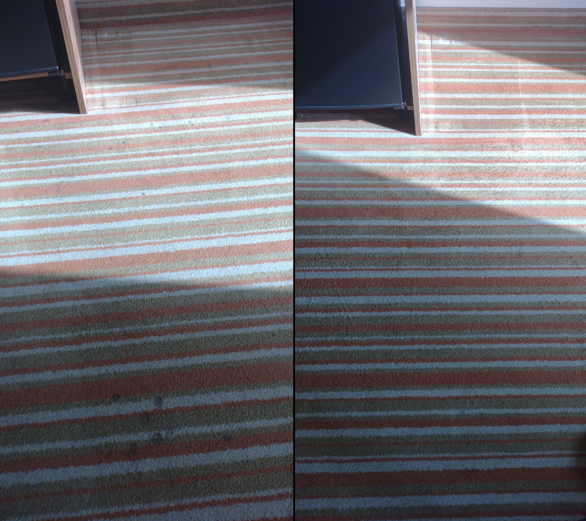 Dywan w paski, podzielony pionowo na dwie części: lewa strona z widocznymi plamami, prawa po czyszczeniu, z meblem w rogu kadru.