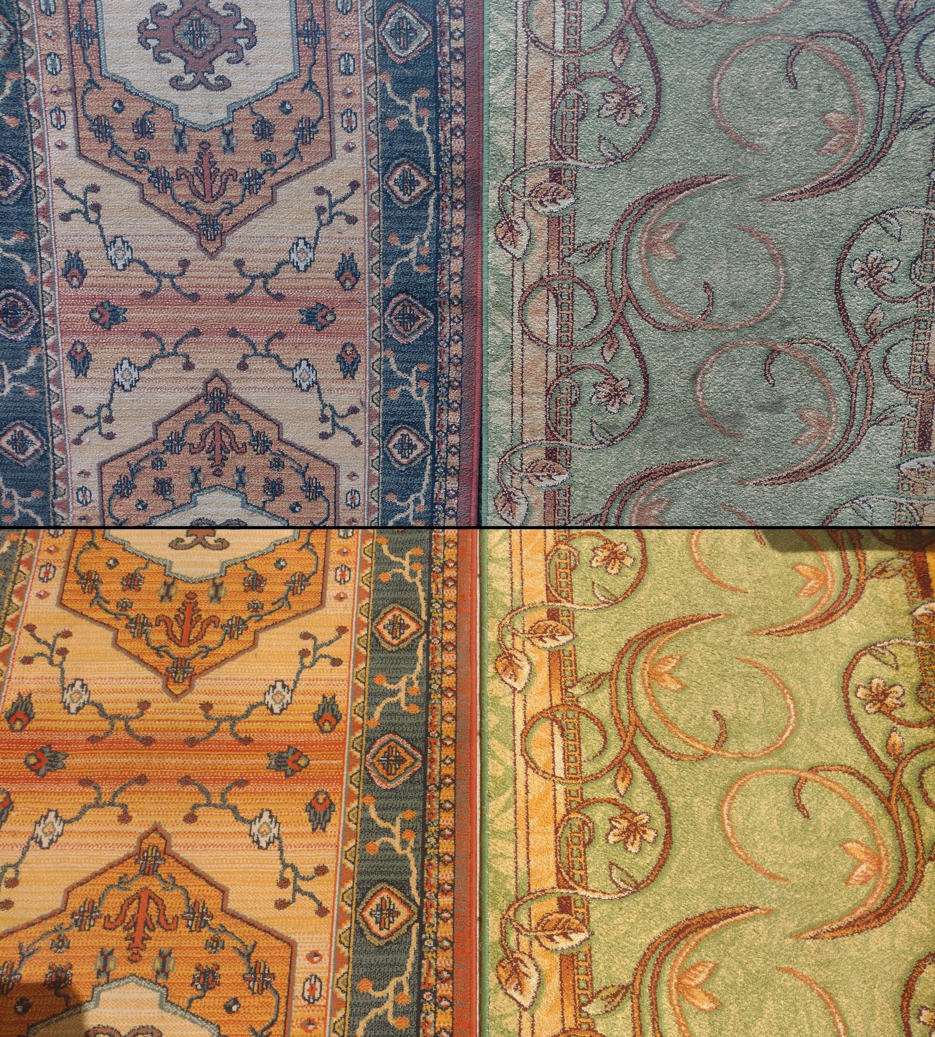 Dwa dywany: górny w chłodnych tonach, dolny w ciepłych. Po lewej wzór orientalny, po prawej roślinny, z przewagą zieleni. Widoczne różnice w kolorystyce i odcieniach.