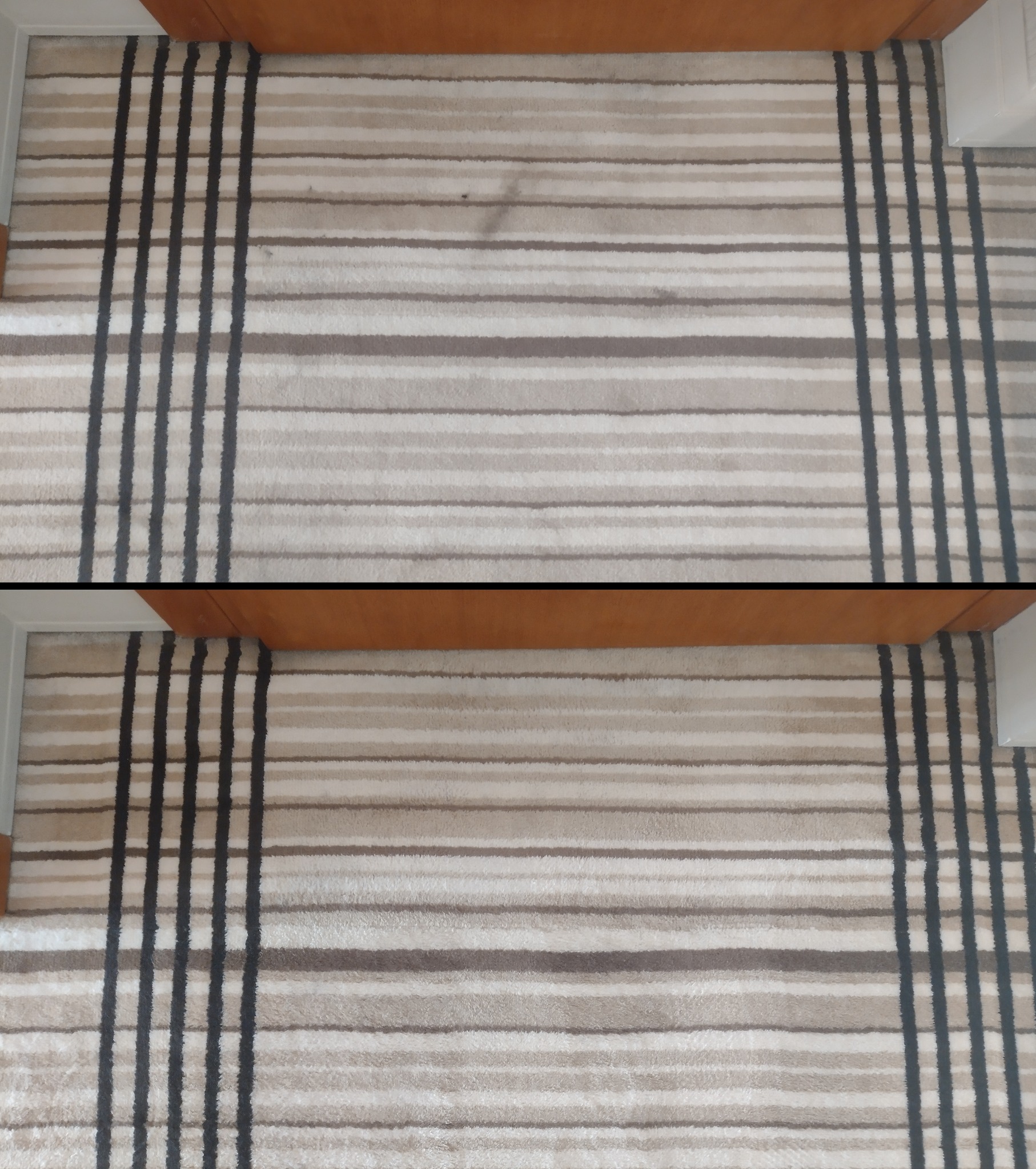 Zdjęcie dywanu w paski 'przed' i 'po' czyszczeniu. Górna część z plamą, dolna - czysta. Widoczne fragmenty mebli i podłogi.