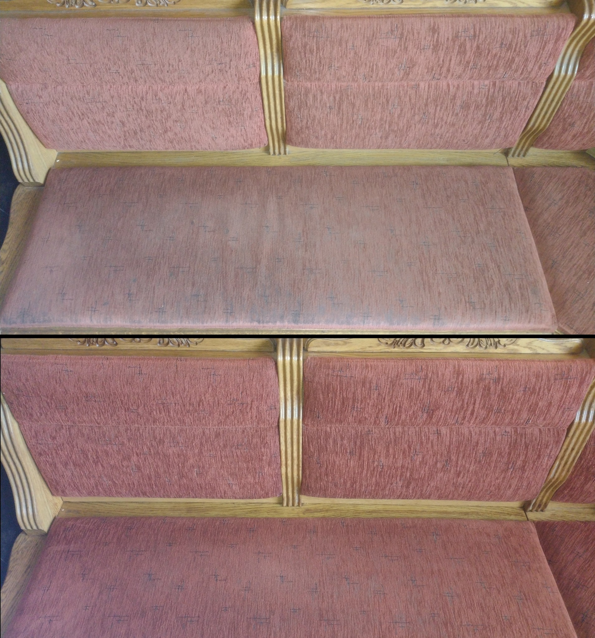 Tapicerka kanapy w odcieniach różu przed i po czyszczeniu. Widoczna różnica w kolorze i usunięte zabrudzenia na środkowym siedzisku.