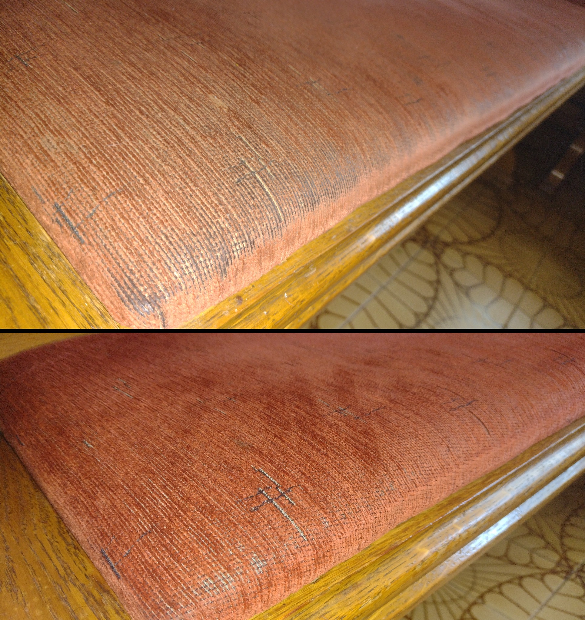 Tapicerka w odcieniach brązu na drewnianym siedzisku, ujęcie typu 'przed i po' z widocznymi plamami i zabrudzeniami, ukazujące efekt czyszczenia.