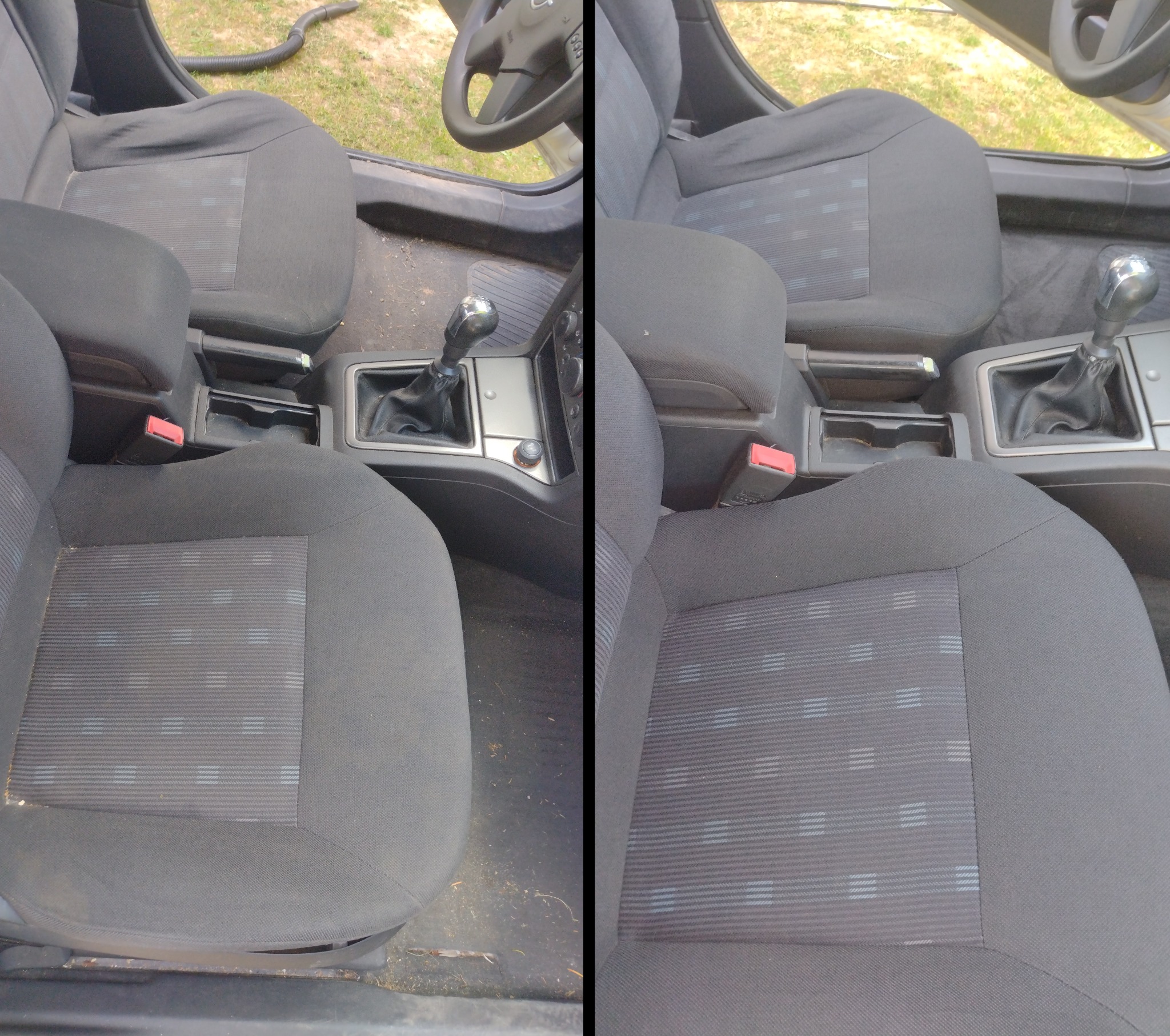 Tapicerka samochodowa przed i po czyszczeniu. Po lewej widoczny brud, po prawej czysty, szary materiał z subtelnym wzorem. Widoczne fotele, tunel środkowy i fragment kokpitu.