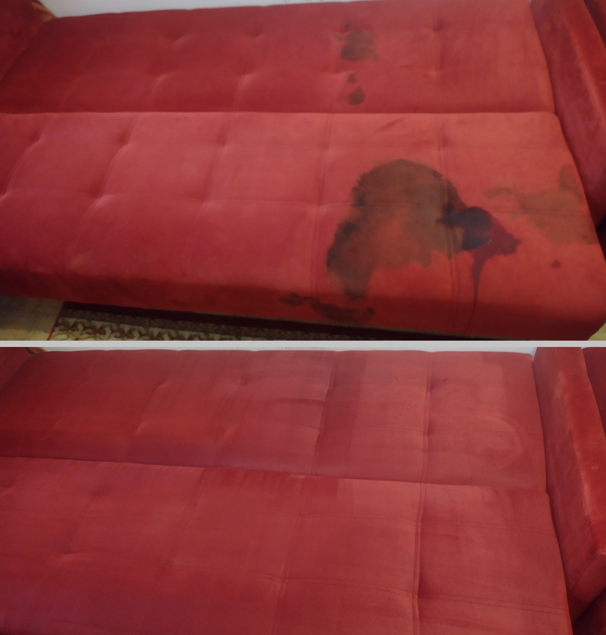 Czerwona kanapa przed i po czyszczeniu. Widoczne duże, ciemne plamy na górnym zdjęciu, które zniknęły po praniu na dolnym zdjęciu. Widoczny efekt czyszczenia tapicerki.