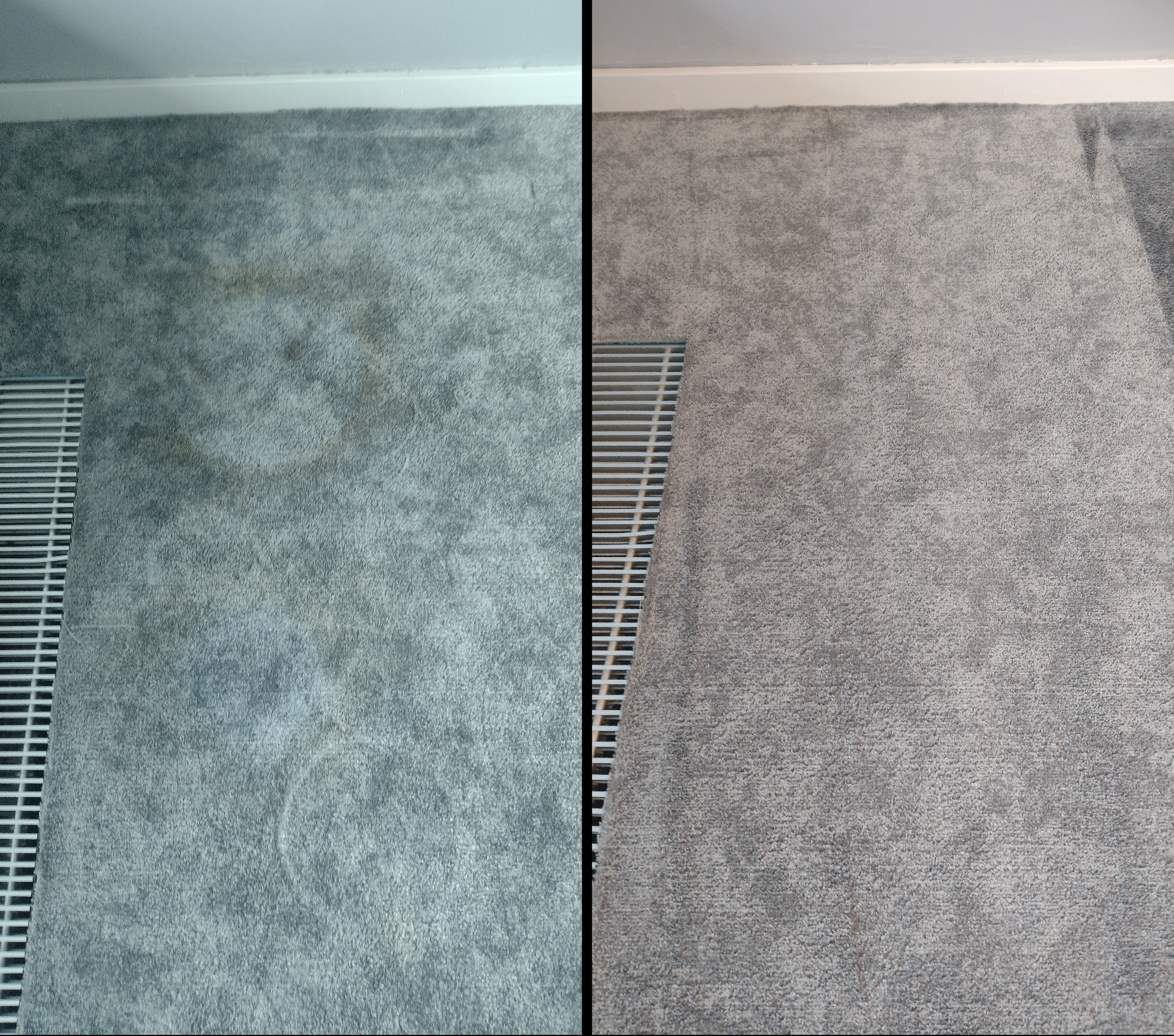 Szary dywan: porównanie stanu przed i po czyszczeniu, widoczna kratka wentylacyjna przy krawędzi dywanu, jasne tło ściany i listwa przypodłogowa.