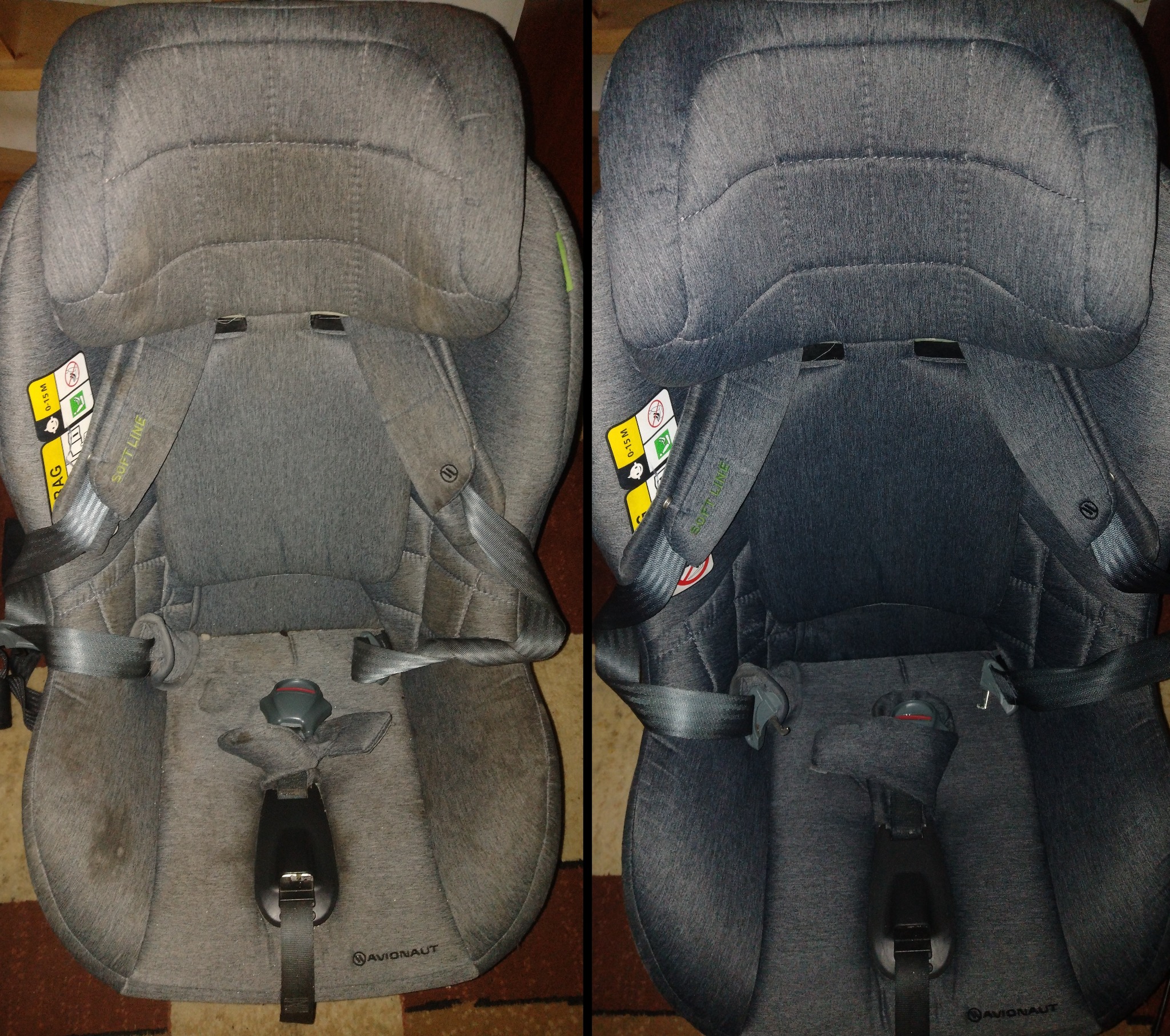 Fotelik samochodowy Avionaut przed i po praniu tapicerki. Widoczne wyraźne różnice w czystości materiału, szczególnie na siedzisku i zagłówku.