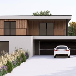 MySpace Studio Projektowe - Nowoczesny dom z garażem i zagospodarowanym ogrodem w Krosno. Elewacja z elementami drewna, jasny podjazd, roślinność ozdobna wzdłuż ścieżki.