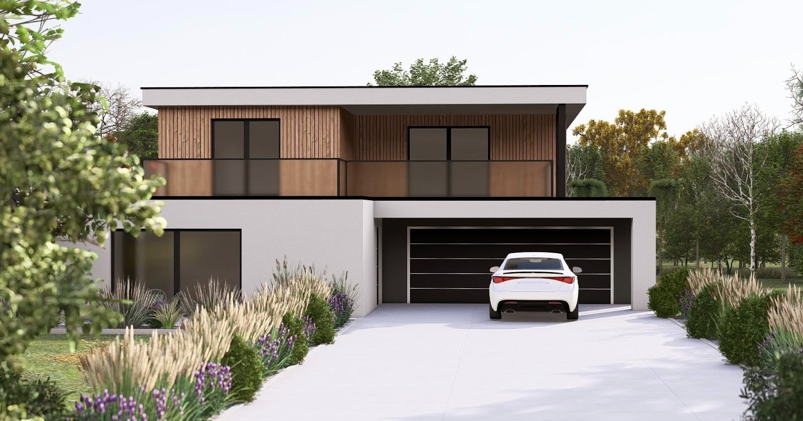 Nowoczesny dom z garażem i zagospodarowanym ogrodem w Krosno. Elewacja z elementami drewna, jasny podjazd, roślinność ozdobna wzdłuż ścieżki.