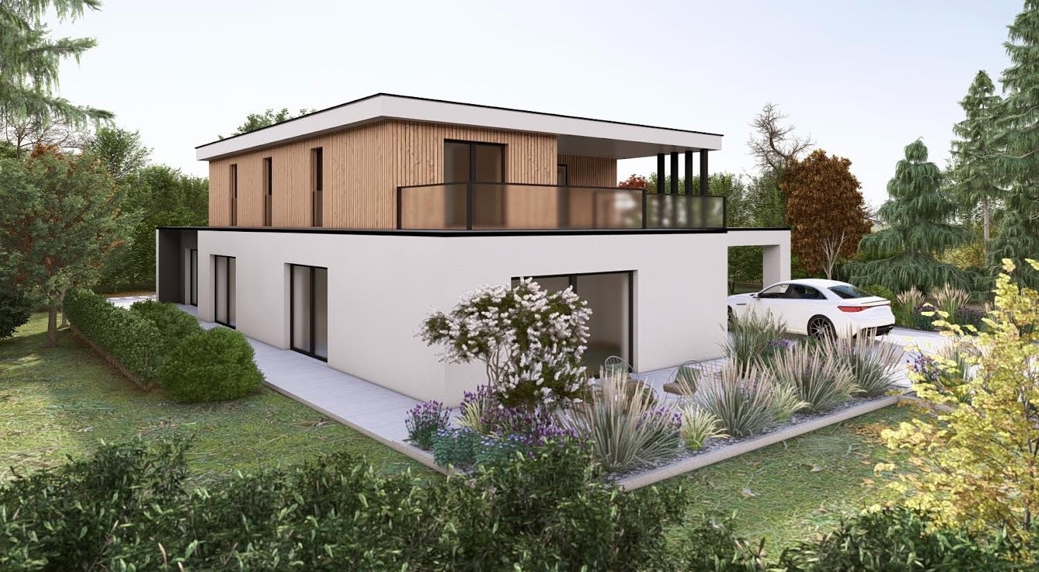 Nowoczesny dom z płaskim dachem i drewnianą elewacją, otoczony zielenią. Widoczny starannie zaprojektowany ogród z kwitnącymi krzewami i elegancki podjazd z samochodem.