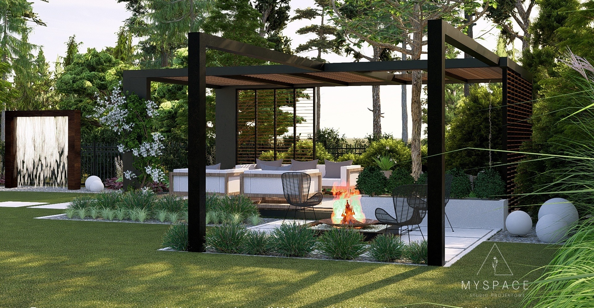 Nowoczesny ogród z pergolą, paleniskiem i dekoracyjną ścianą wodną. Minimalistyczne meble ogrodowe, bujna roślinność i kuliste lampy tworzą relaksującą atmosferę.