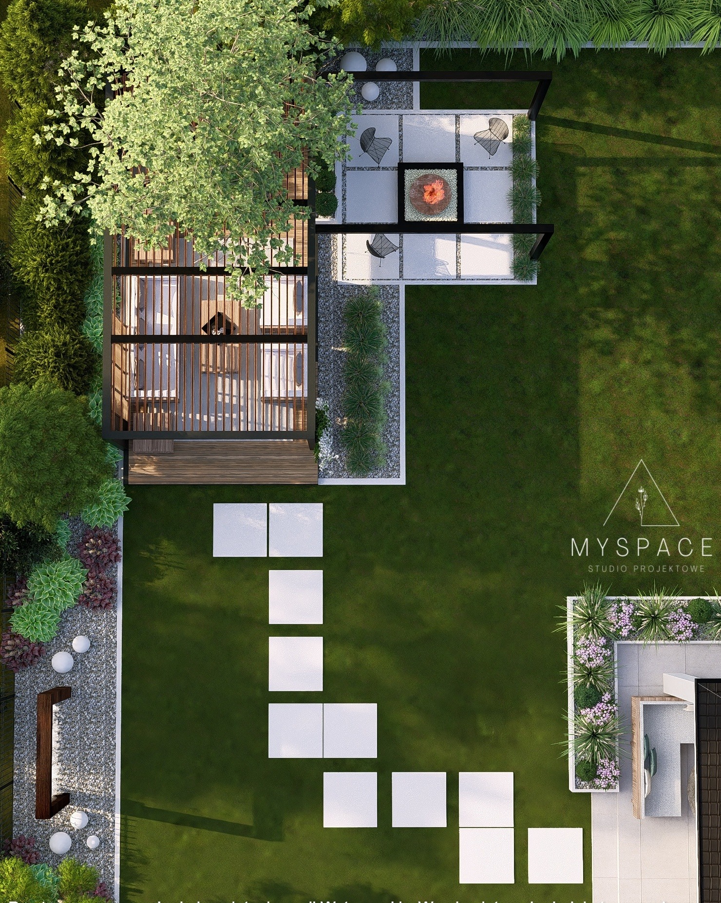 Projekt ogrodu z pergolą, paleniskiem i ścieżką z płyt, widok z góry. Minimalistyczny design z elementami zieleni. Logo MYSPACE Studio Projektowe w prawym dolnym rogu.