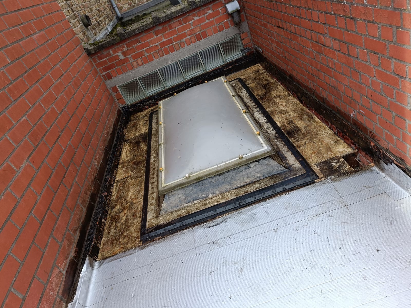 Płaski dach po renowacji w Buk. Widoczny świetlik dachowy i nowa, jasna hydroizolacja. Czerwona ściana budynku z cegły.