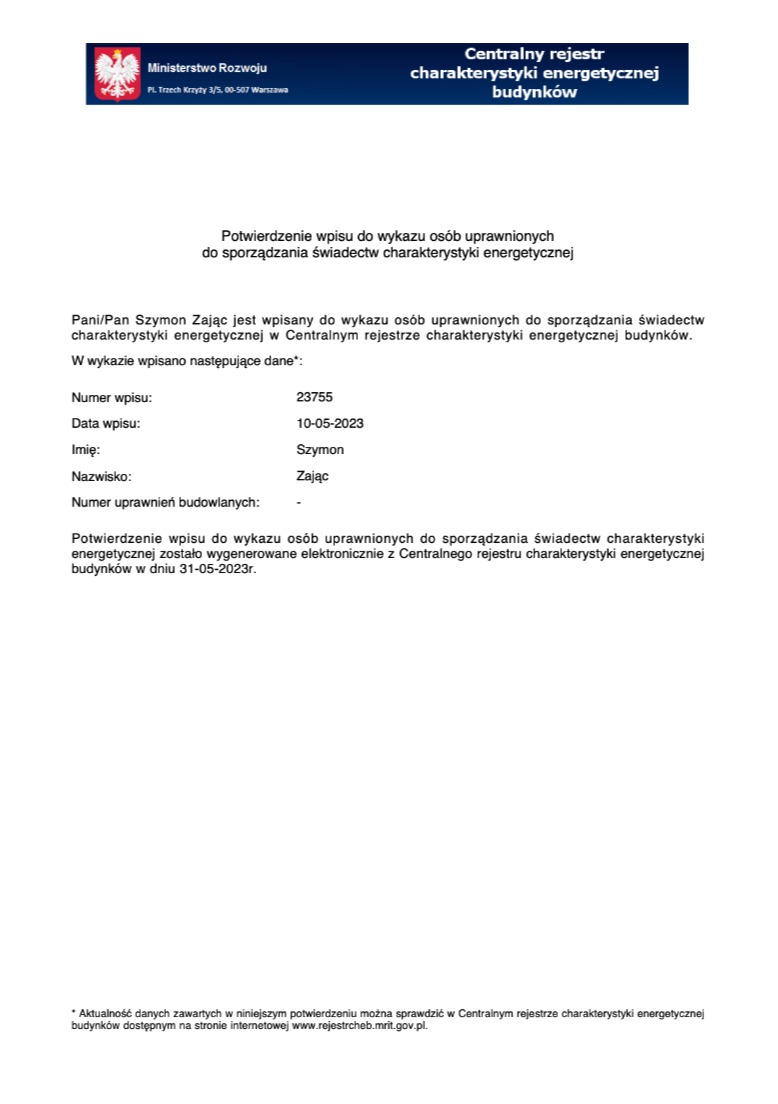 Dokument z Centralnego Rejestru Charakterystyki Energetycznej Budynków, potwierdzający wpis osoby uprawnionej do sporządzania świadectw. Widoczne dane osobowe i numer wpisu.