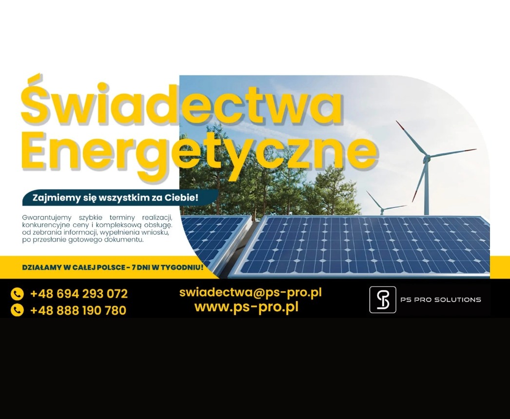 Żółty napis Świadectwa Energetyczne na tle paneli słonecznych i wiatraków. Oferta gwarantuje szybką realizację i kompleksową obsługę w całej Polsce.