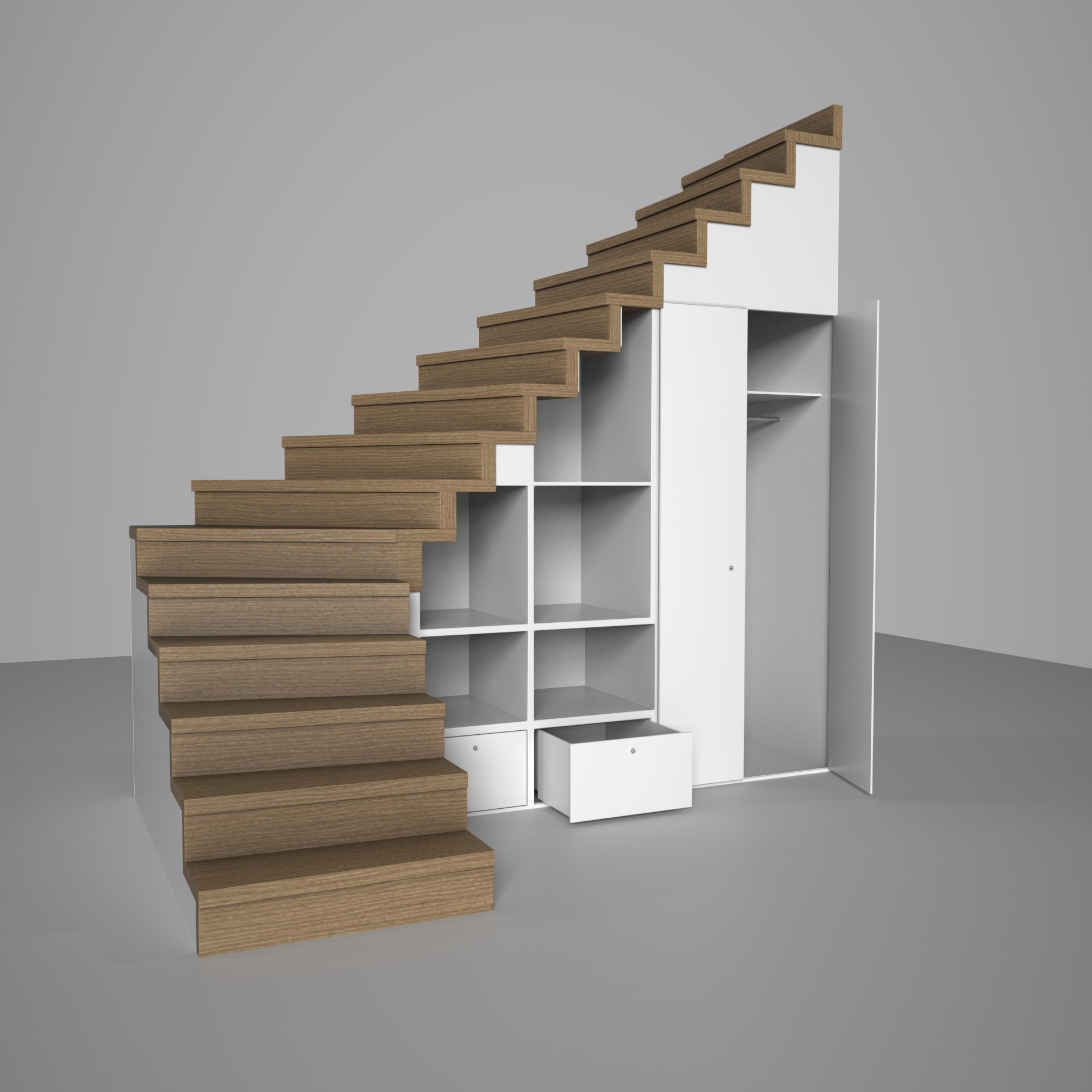 Nowoczesne schody z drewna w kolorze dębu, zintegrowane z białą szafą i półkami. Otwarta szafa z drążkiem i szuflady tworzą funkcjonalną przestrzeń do przechowywania.