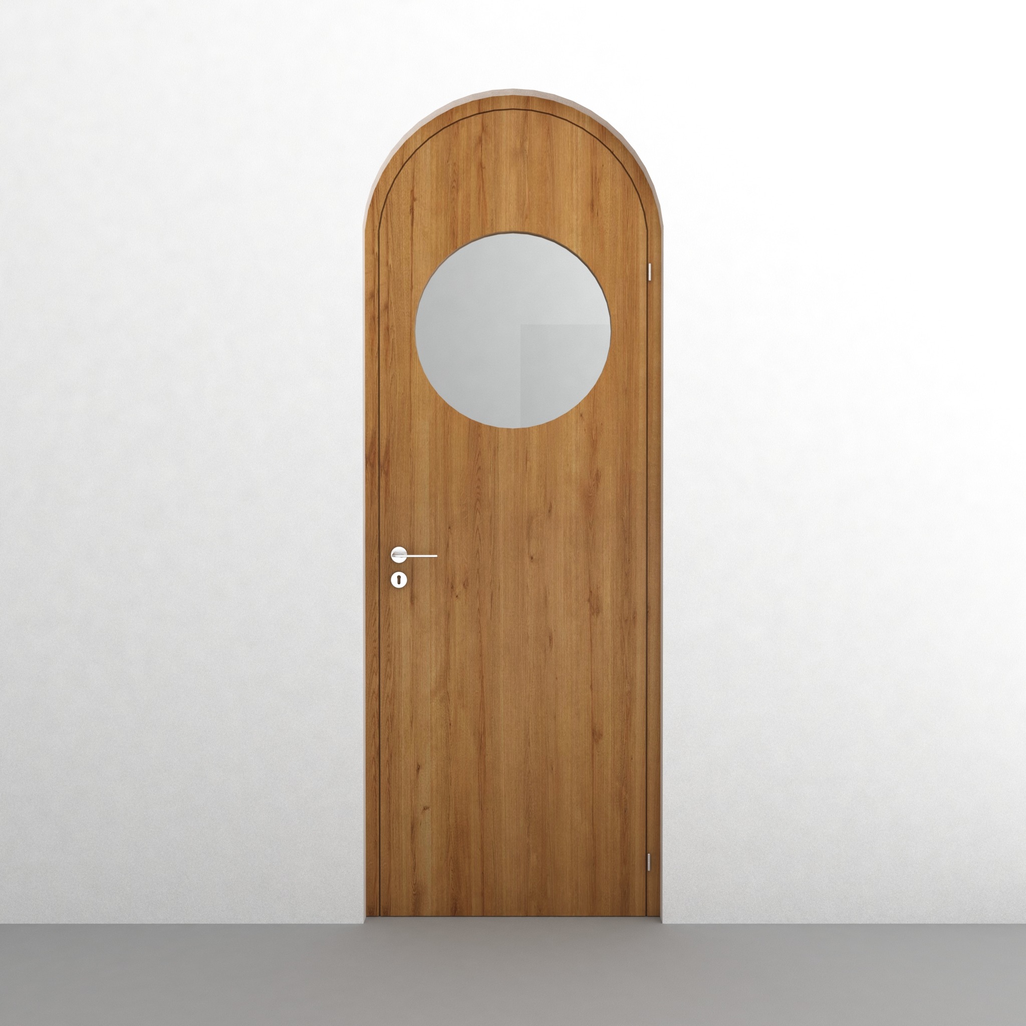 Drewniane drzwi z okrągłym przeszkleniem w górnej części, srebrna klamka, minimalistyczne tło, prezentacja produktu.
