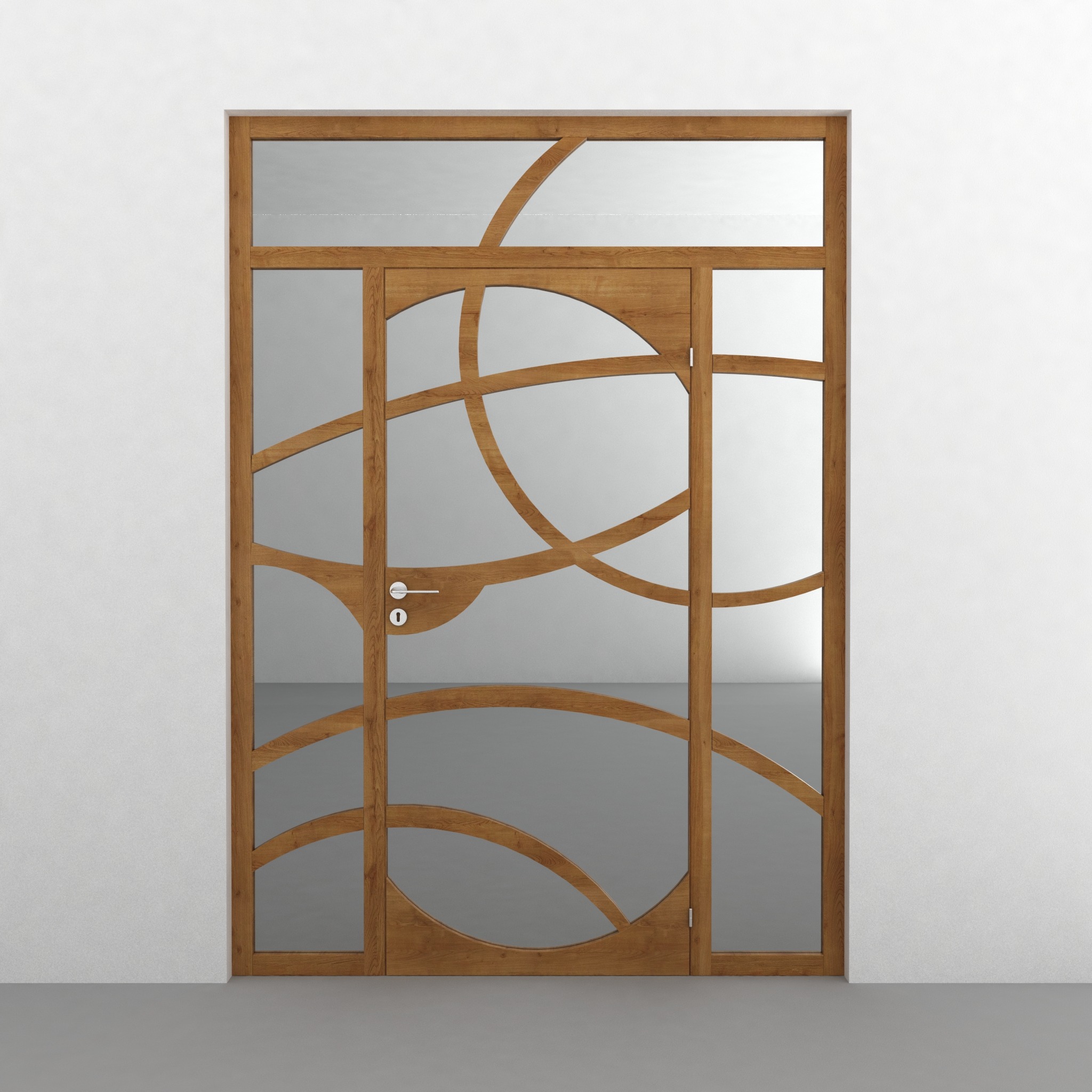 Drewniane drzwi wewnętrzne z przeszkleniami o geometrycznym wzorze łuków, umieszczone w białej ścianie. Nowoczesny design, jasne drewno.