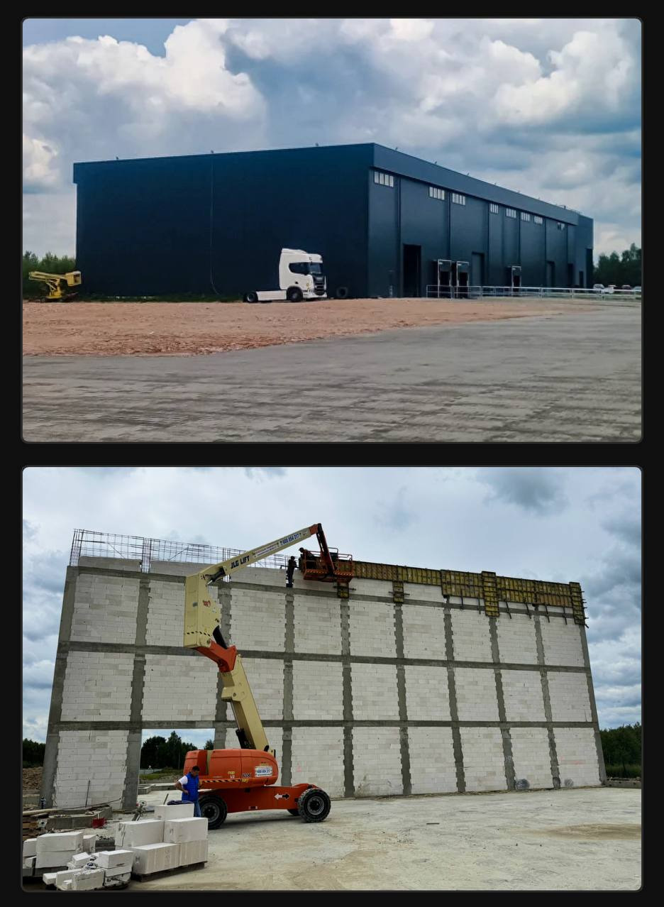 Dwa ujęcia: gotowy budynek magazynowy i ściana z bloczków w trakcie budowy z podnośnikiem koszowym. Prace budowlane w toku, widoczne materiały i sprzęt.