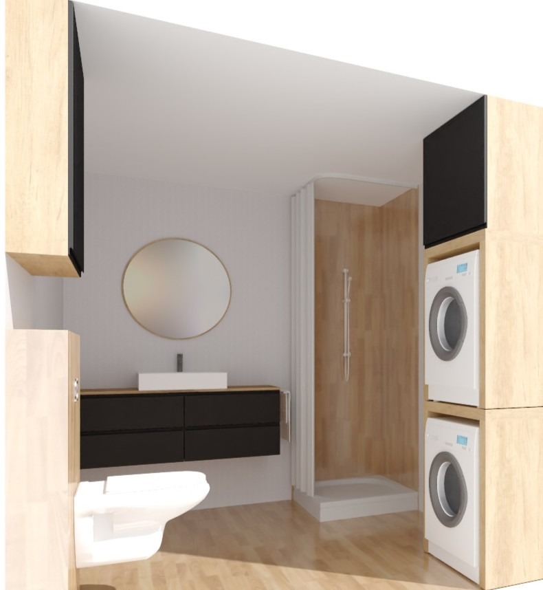Nowoczesna łazienka z drewnianymi akcentami: szafka z umywalką, okrągłe lustro, kabina prysznicowa i pralka z suszarką w zabudowie.